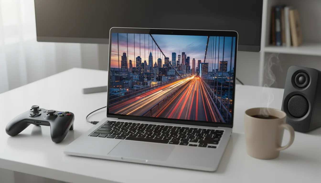 DSLR photograph, high-angle view of a sleek silver aluminum laptop on a clean white desk. The laptop screen displays a vibrant, photorealistic 3D architectural render of a city skyline from a bridge at dusk, with long exposure light trails. A black gaming controller is on the left of the laptop. To the right, a beige ceramic coffee mug and a black desktop speaker. Soft, natural daylight illuminates the scene. The background is softly out of focus with a shallow depth of field, showing a second monitor.