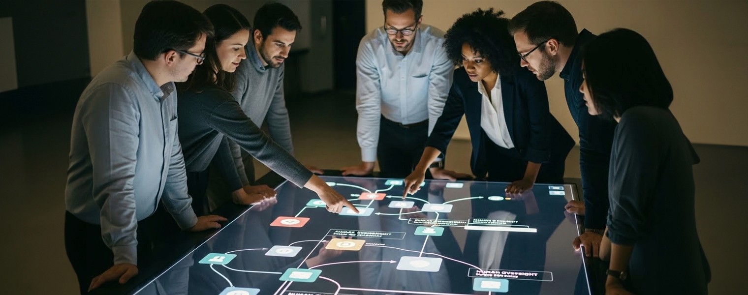 Group of people working on a digital table.