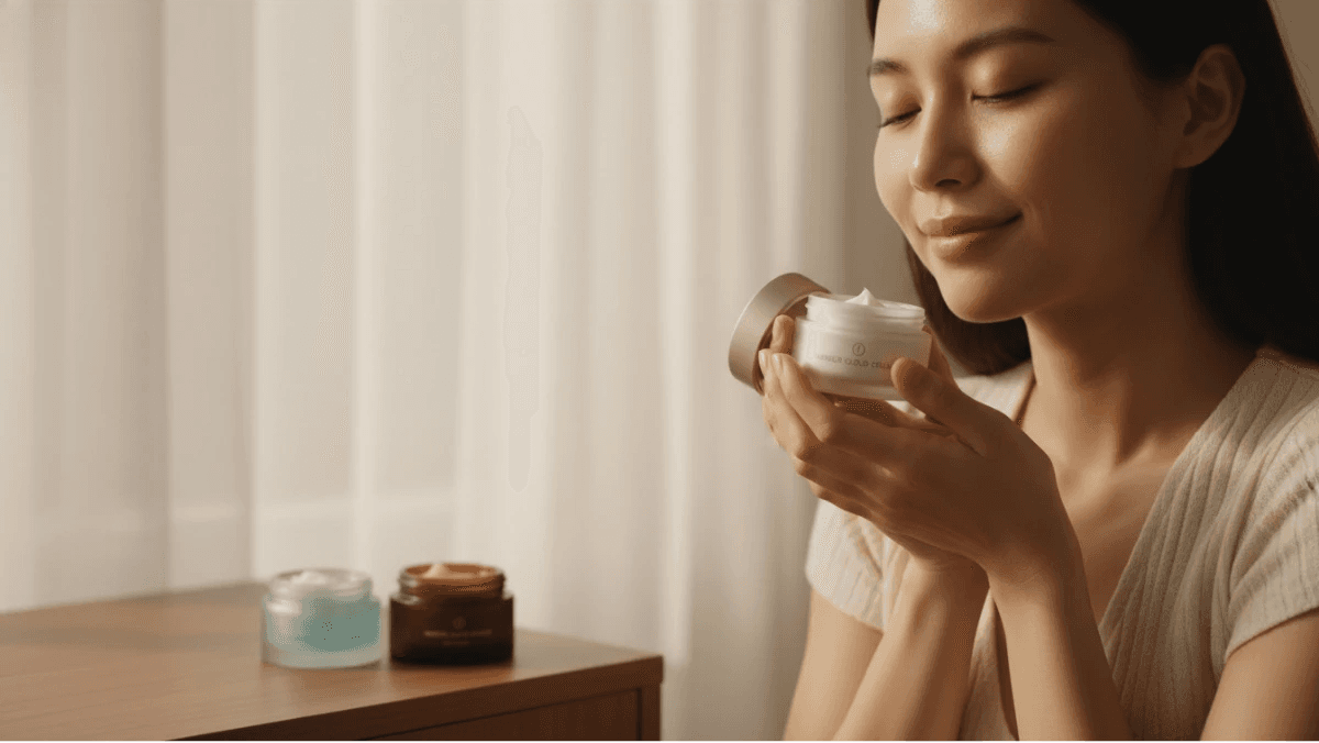 Soft, close-up beauty photograph of a person in warm natural light, gently tapping a tiny amount of cream along the orbital bone under one eye with their ring finger, expression relaxed and thoughtful.