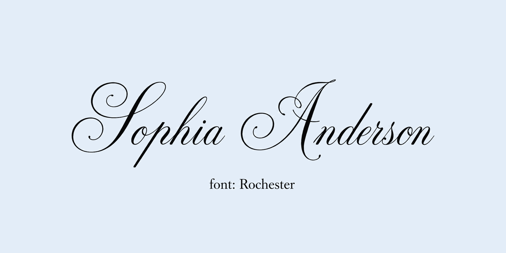 Sample name signed in a cursive signature font on a light background, with the font name labeled below.