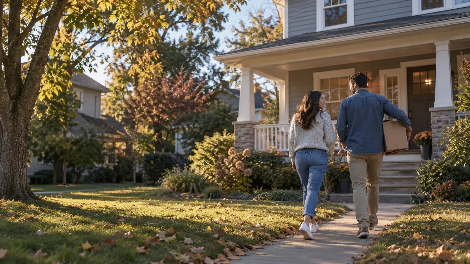 Illustrative scene of two adults arriving at a home