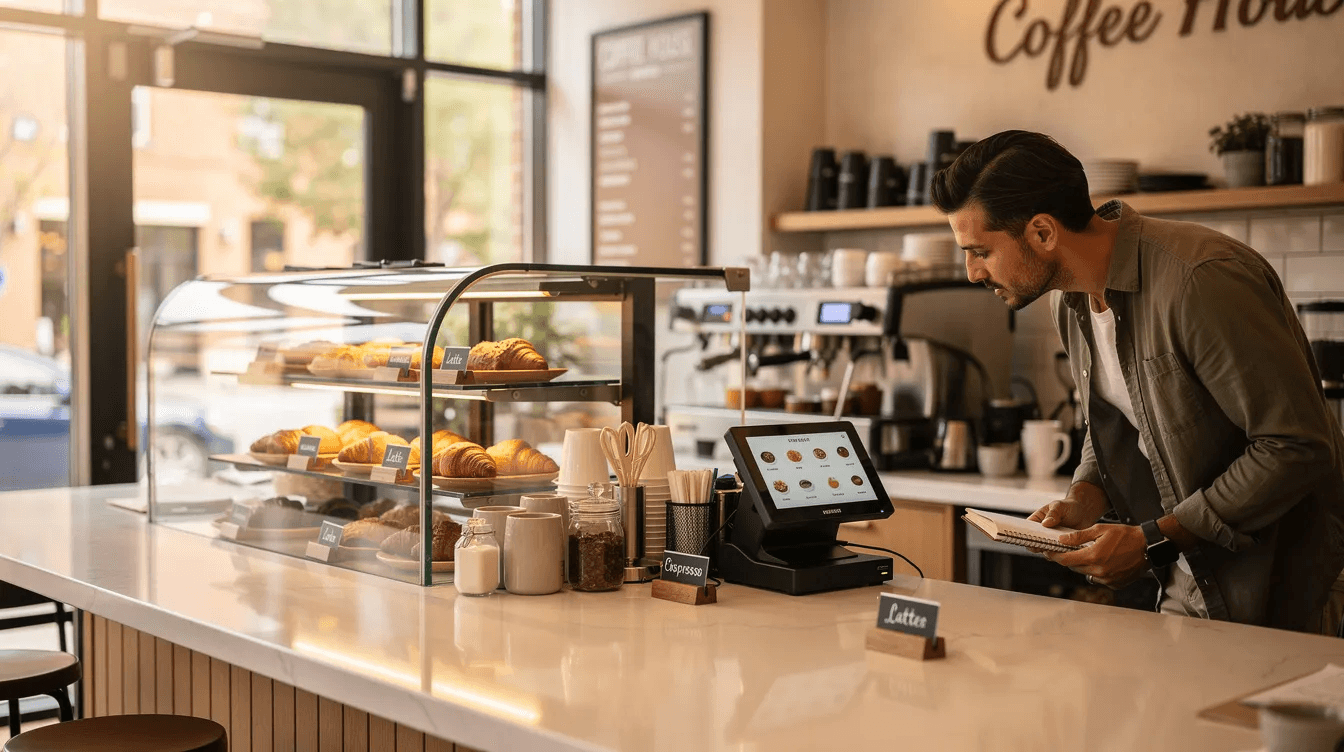 A small business owner is inspecting a café counter, evaluating its physical assets and overall condition before making a purchase decision. This scene reflects the careful assessment required when considering the acquisition of an established business, including factors like cash flow and financial health.