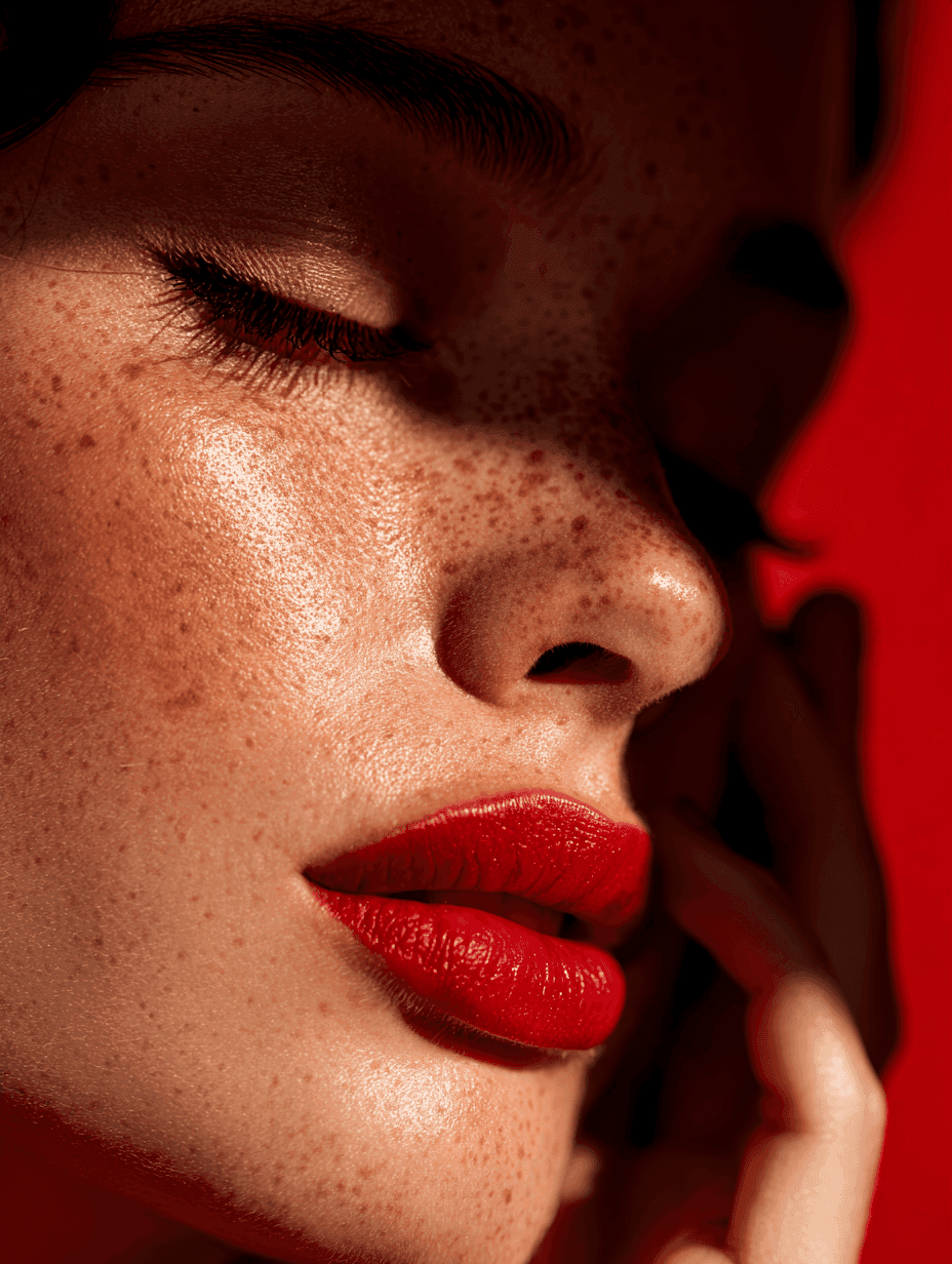 Freckled face illuminated with golden light and red tones