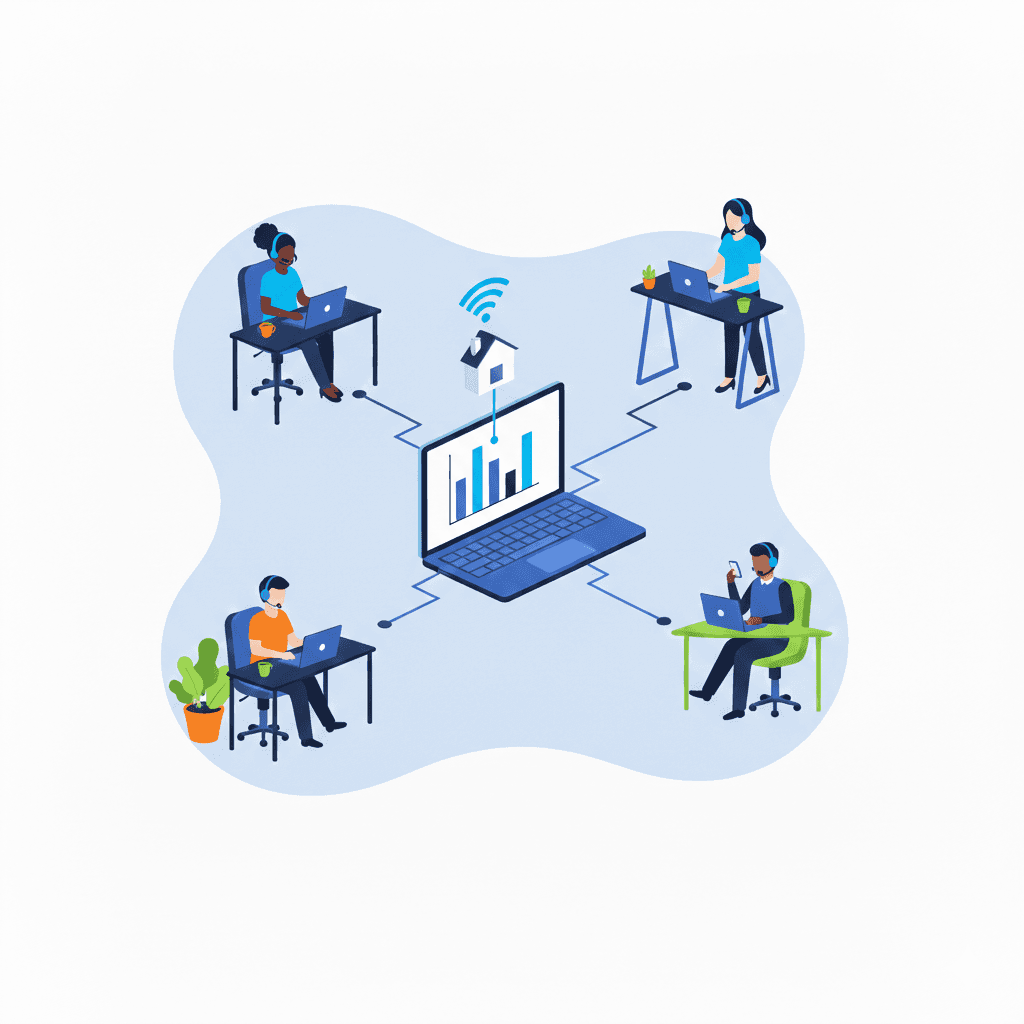 Employees using a laptop to show the system is remote work ready.