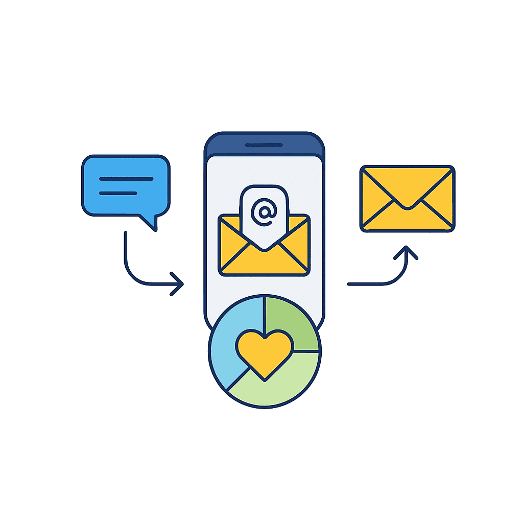Illustration representing Customer Lifetime Value (CLV) and personalized marketing. A central smartphone screen displays a yellow envelope with an "@" symbol. Below the phone is a circular pie chart divided into three sections: a heart icon (representing loyalty/value) in the green section, a blue section, and a light green section. Arrows show communication flowing into the phone (a blue chat bubble on the left) and out of the phone (a yellow envelope on the right), suggesting a continuous cycle of personalized engagement based on customer data/value (the pie chart).