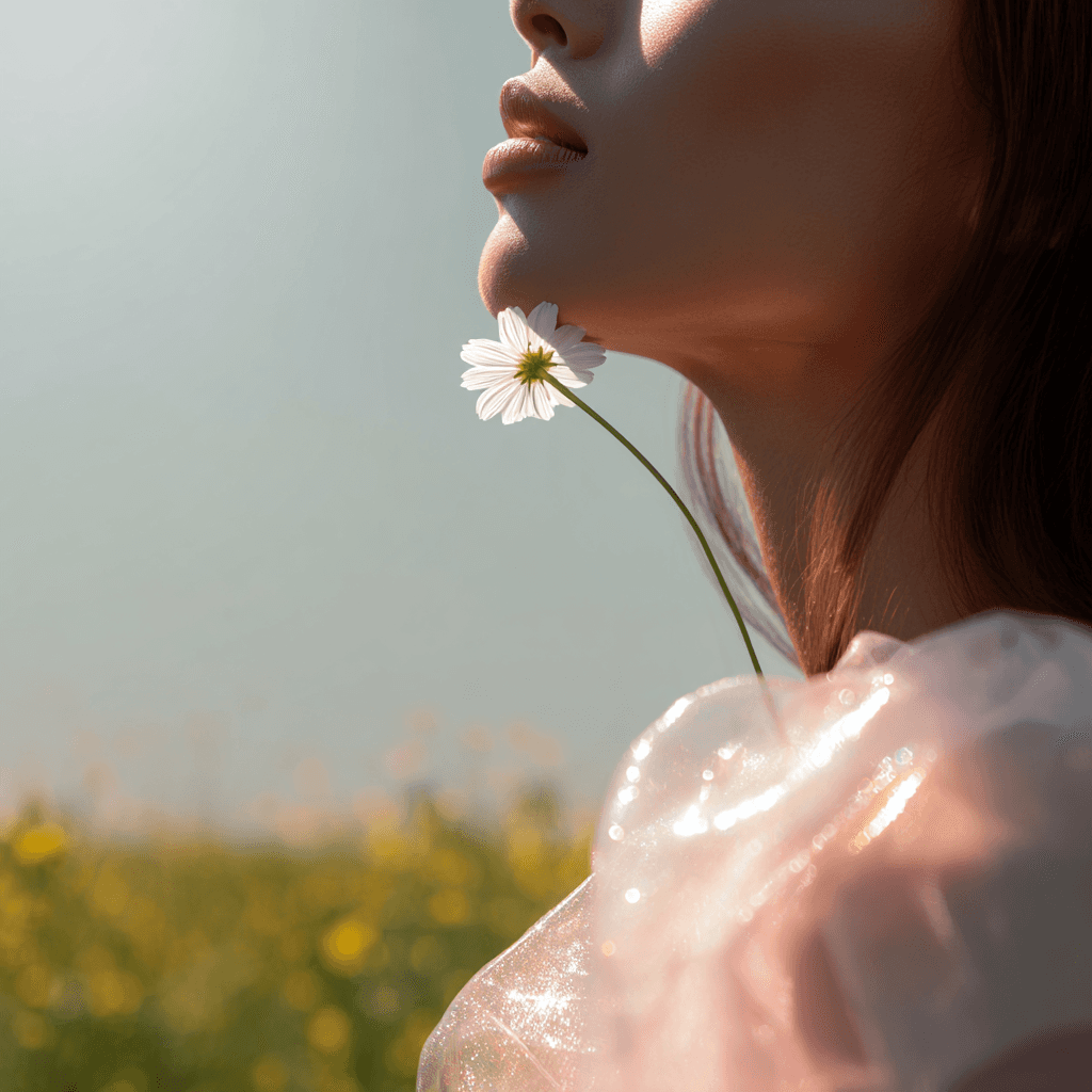 Women standing with flower in green field portrait