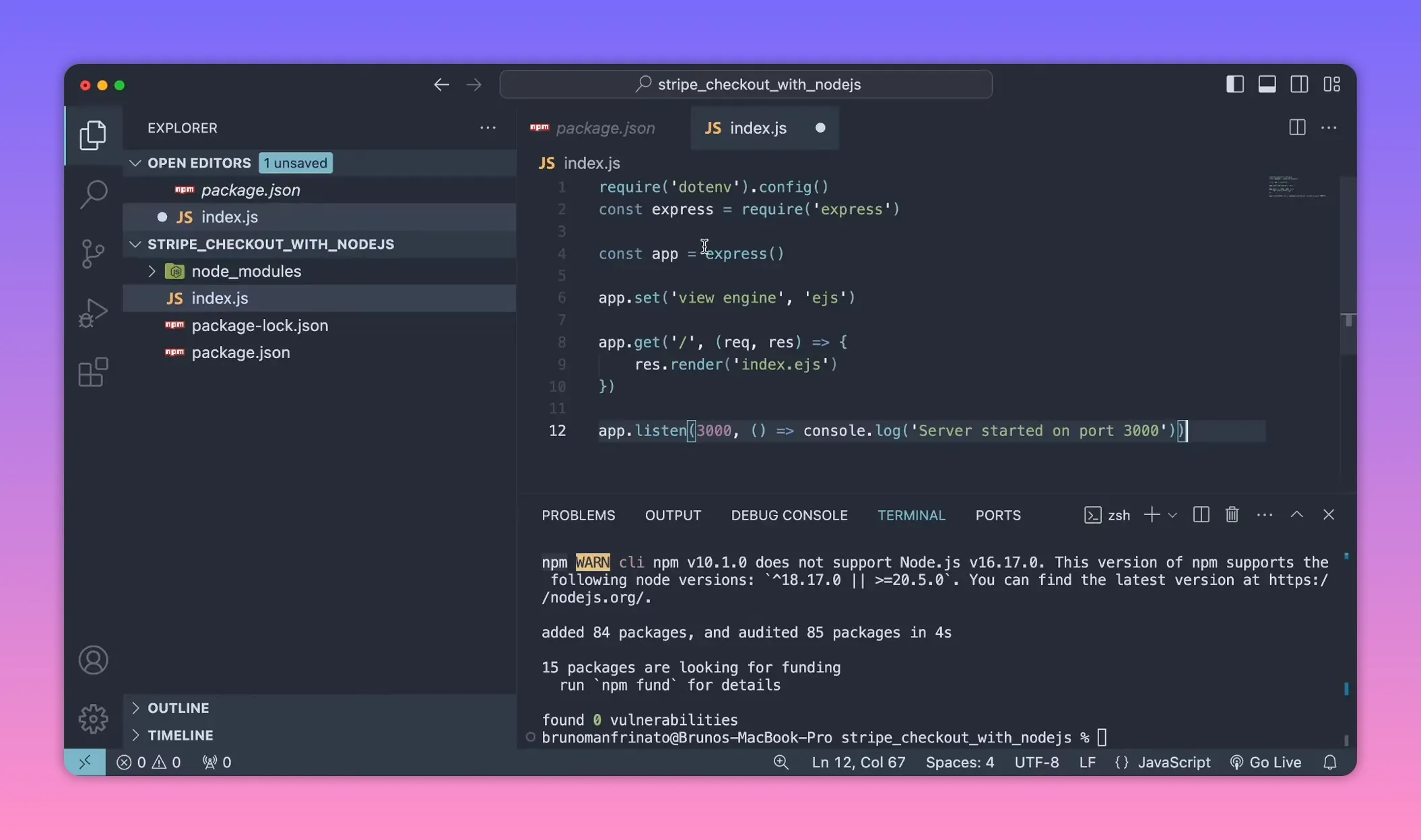 VS Code screenshot of index.js showing require('dotenv'), express setup, route and app.listen(3000)