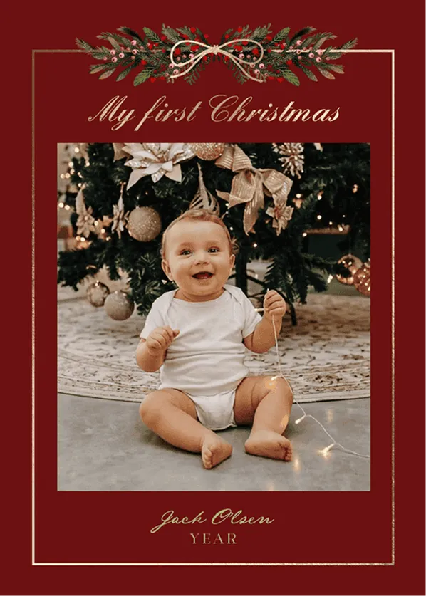 Folk-art holiday card template with floral and bird border, 'Blessings' typography, and a family photo