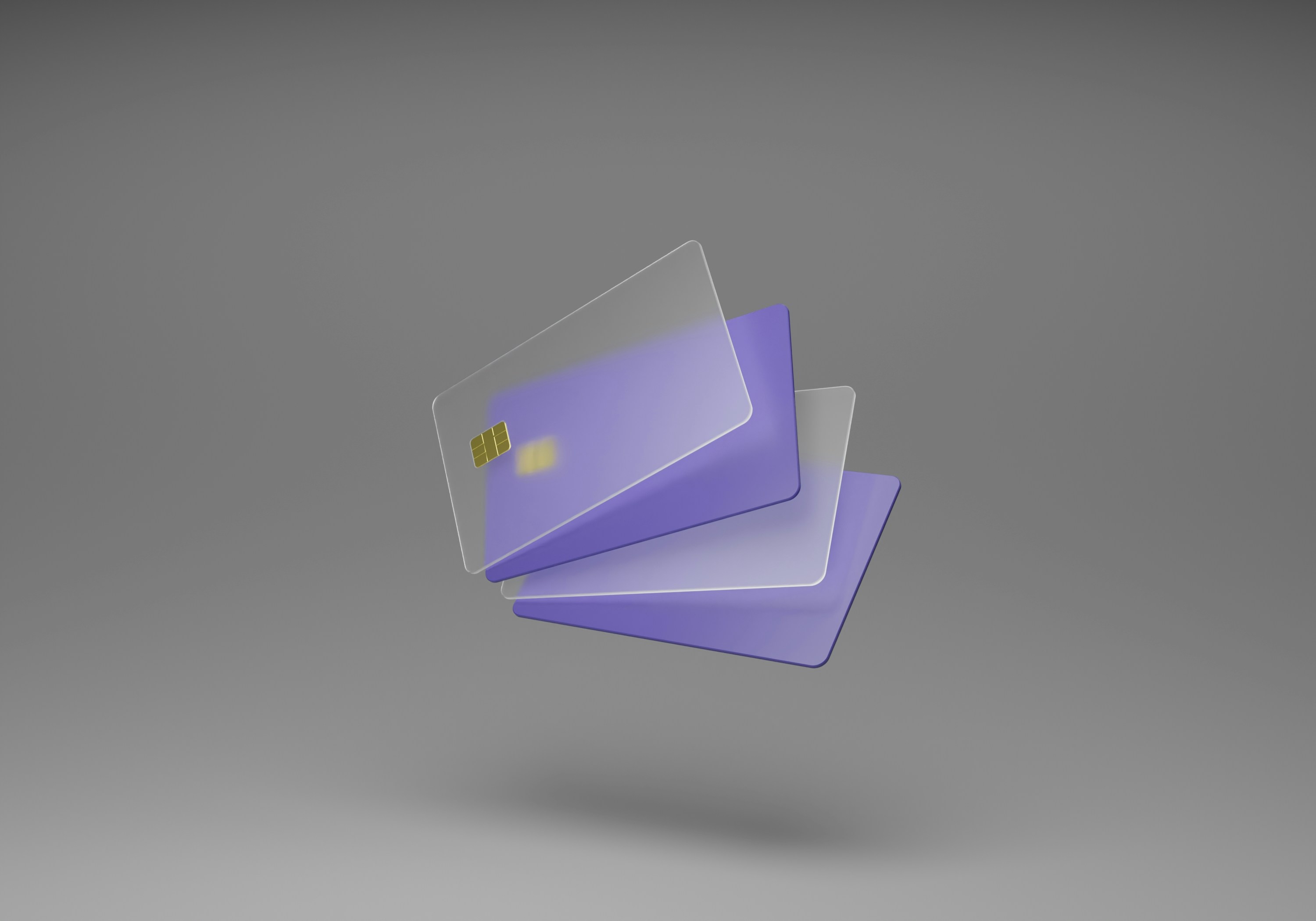 4 purple and clear debit cards floating above a gray gradient background