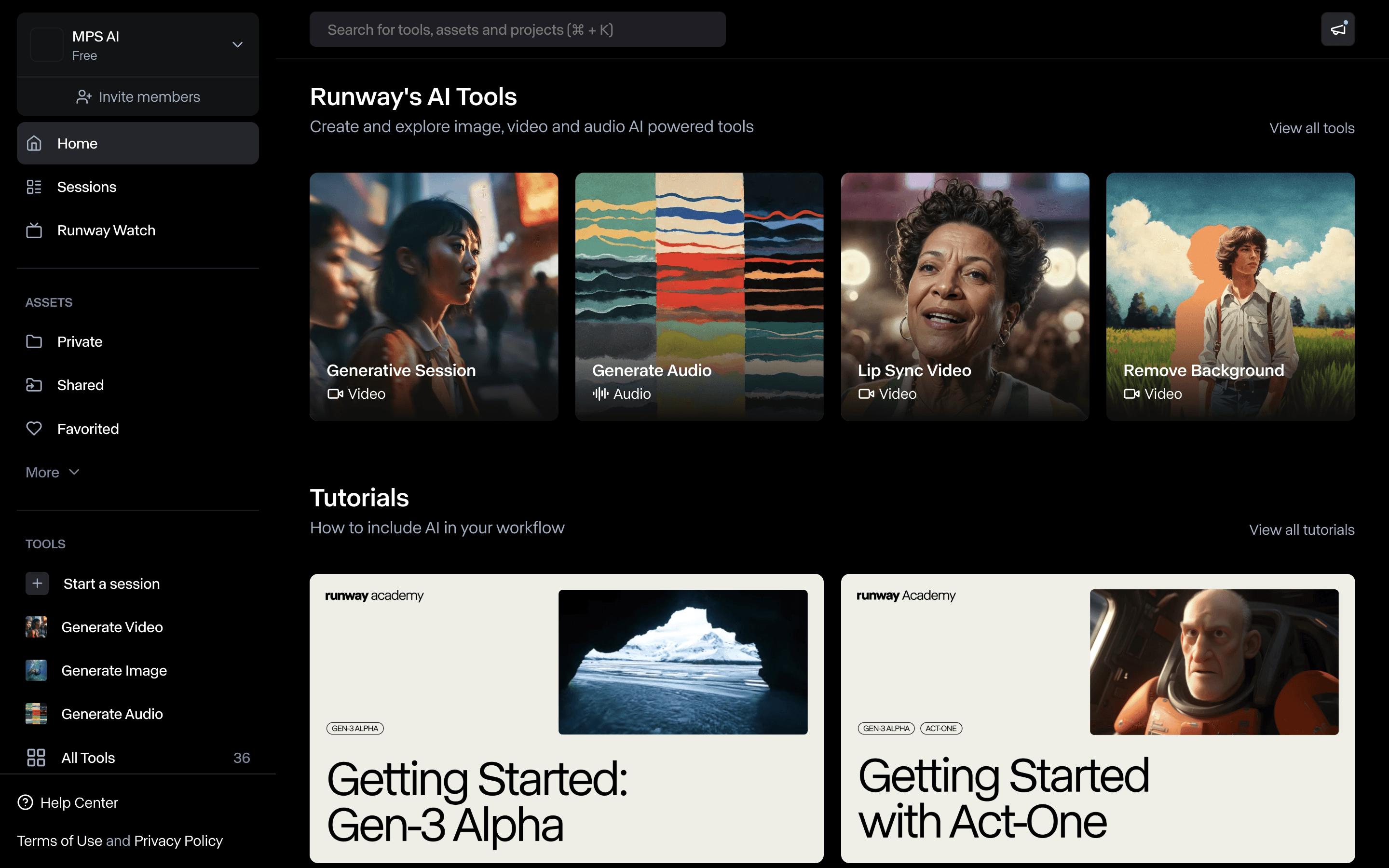 Screenshot van Runway AI Homepagina