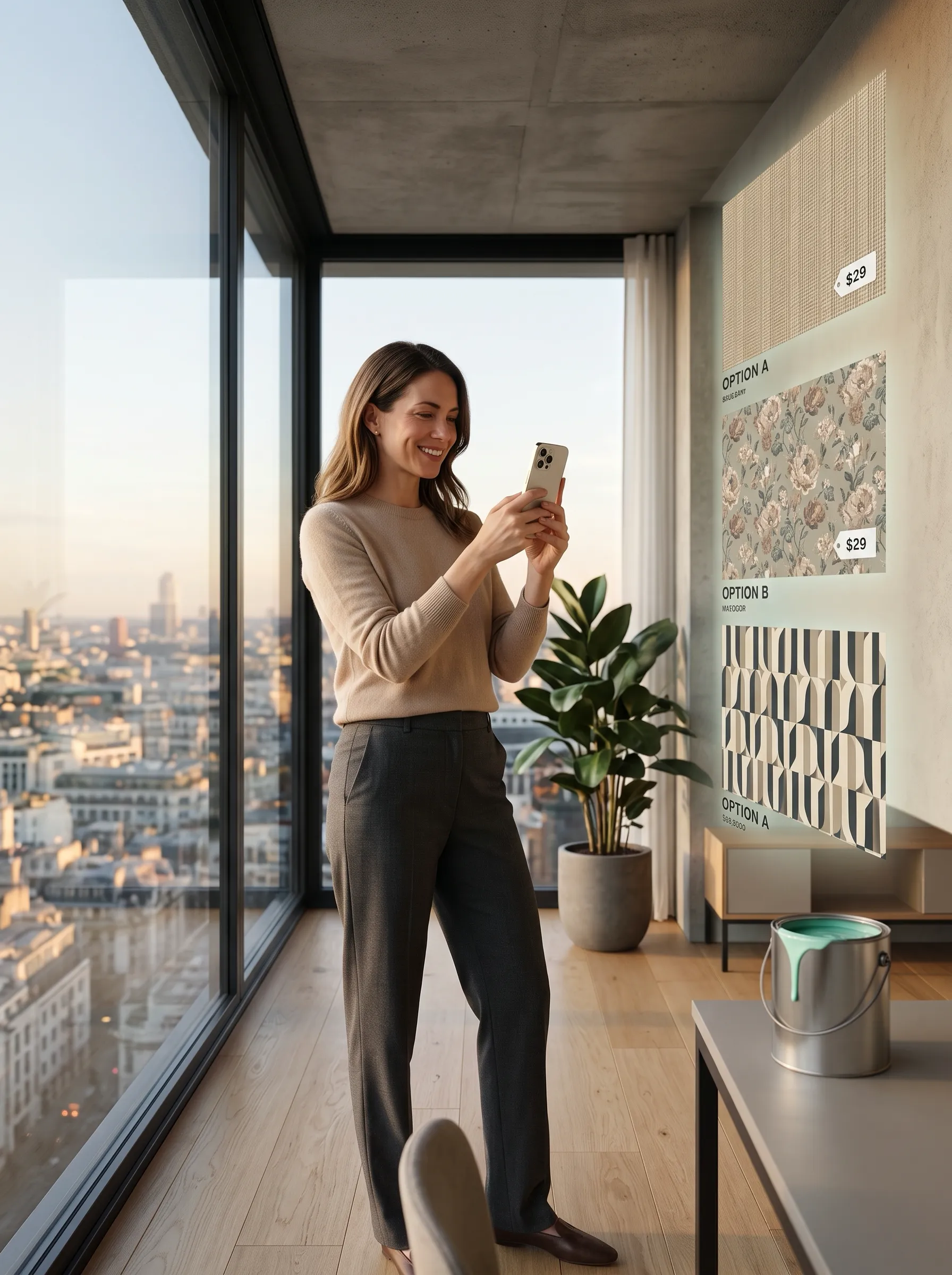 Designer using augmented reality to preview a chair in a living space