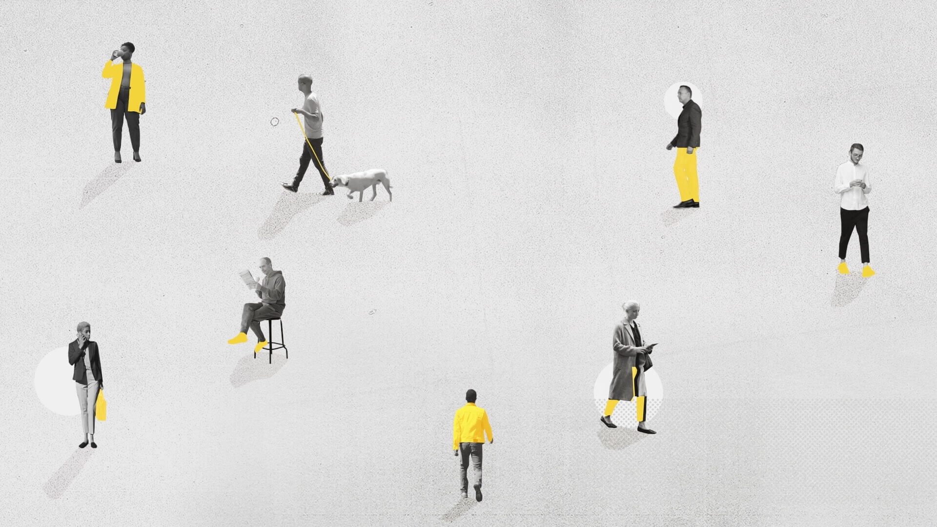 A minimalist digital illustration of people in black and white with selective yellow accents, scattered across a light background, engaged in various activities