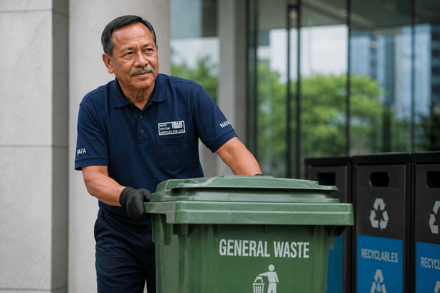 Worker collecting and removing waste at a commercial site