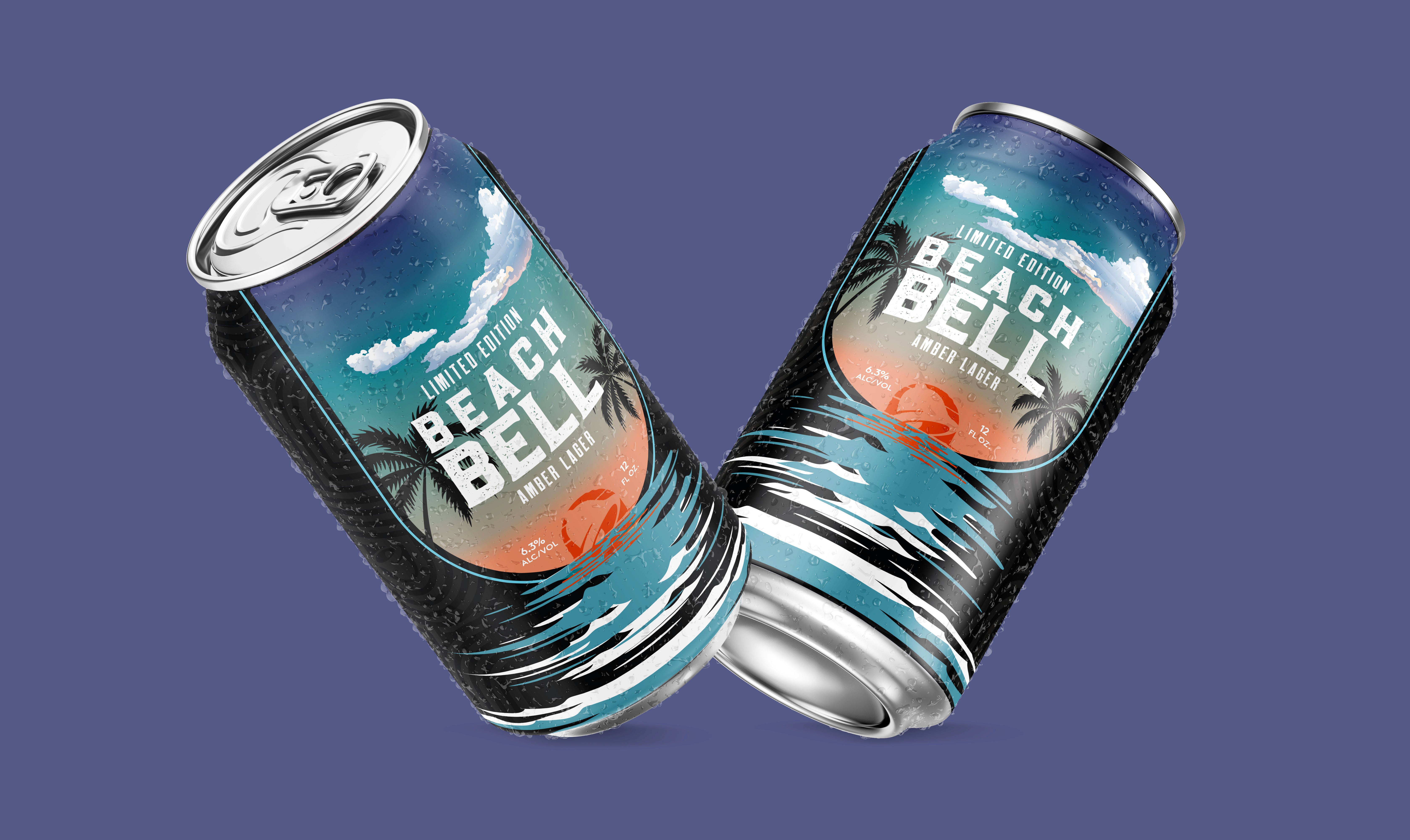 Beach Bell beer can mockups on blue background