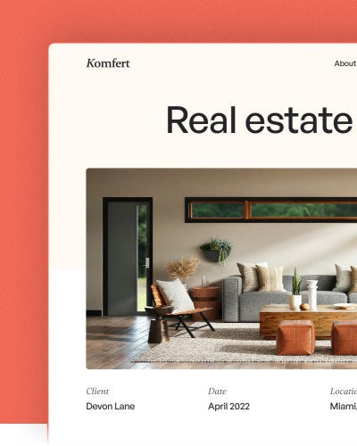 Real estate website design featuring a modern living room and property details.