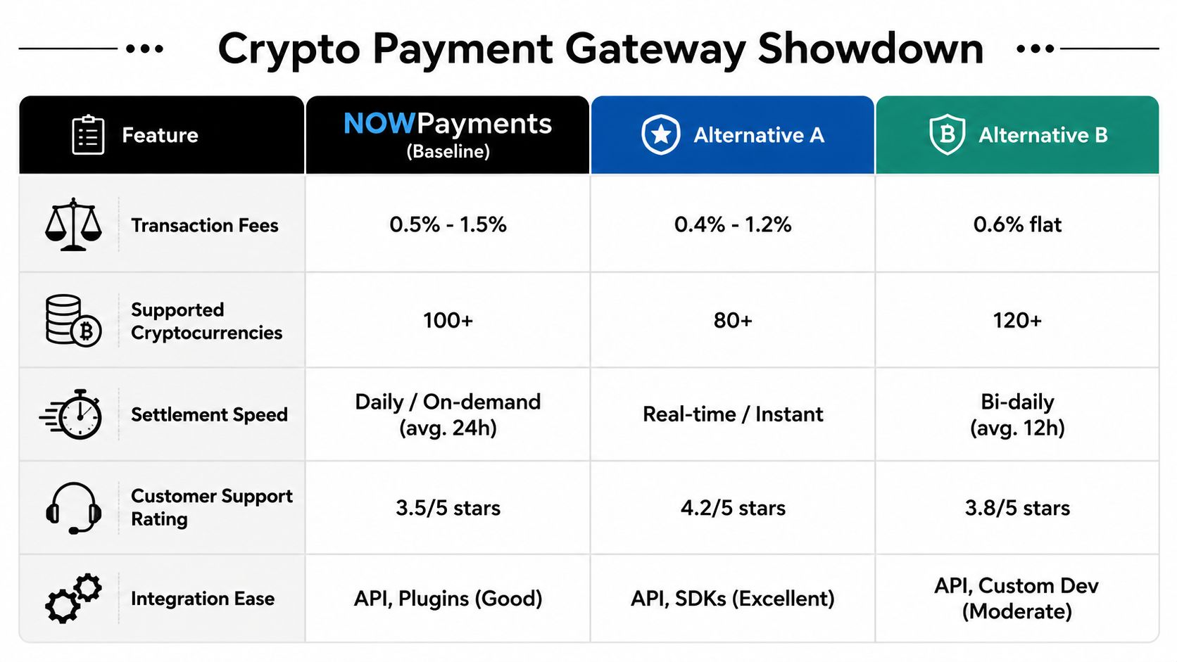 A comparative table showing features, fees, and ratings for NOWPayments versus two different crypto payment gateway alternatives.