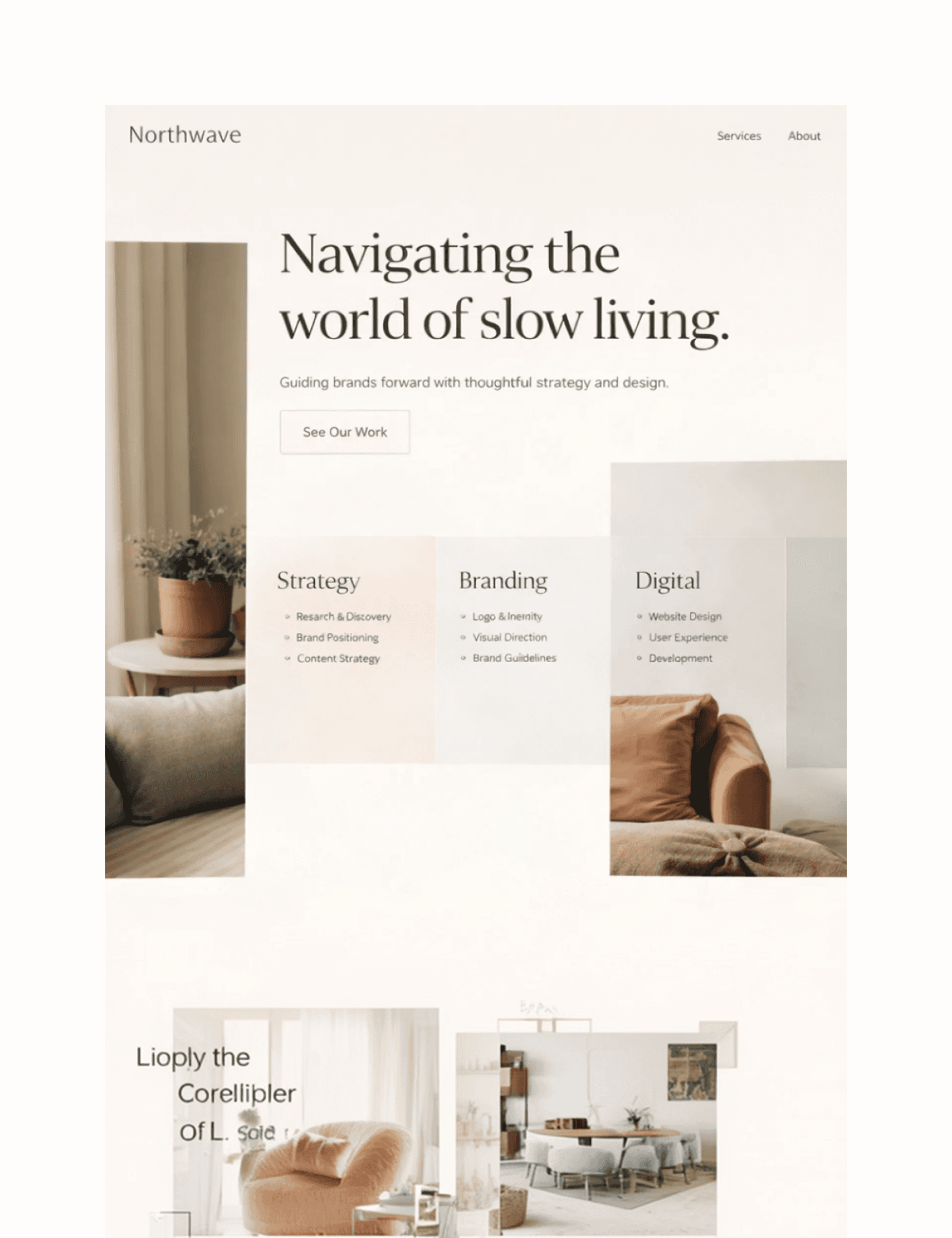 The image shows a minimalist website design featuring earthy tones with sections labeled "Strategy," "Branding," and "Digital," highlighting a focus on slow living and thoughtful design.