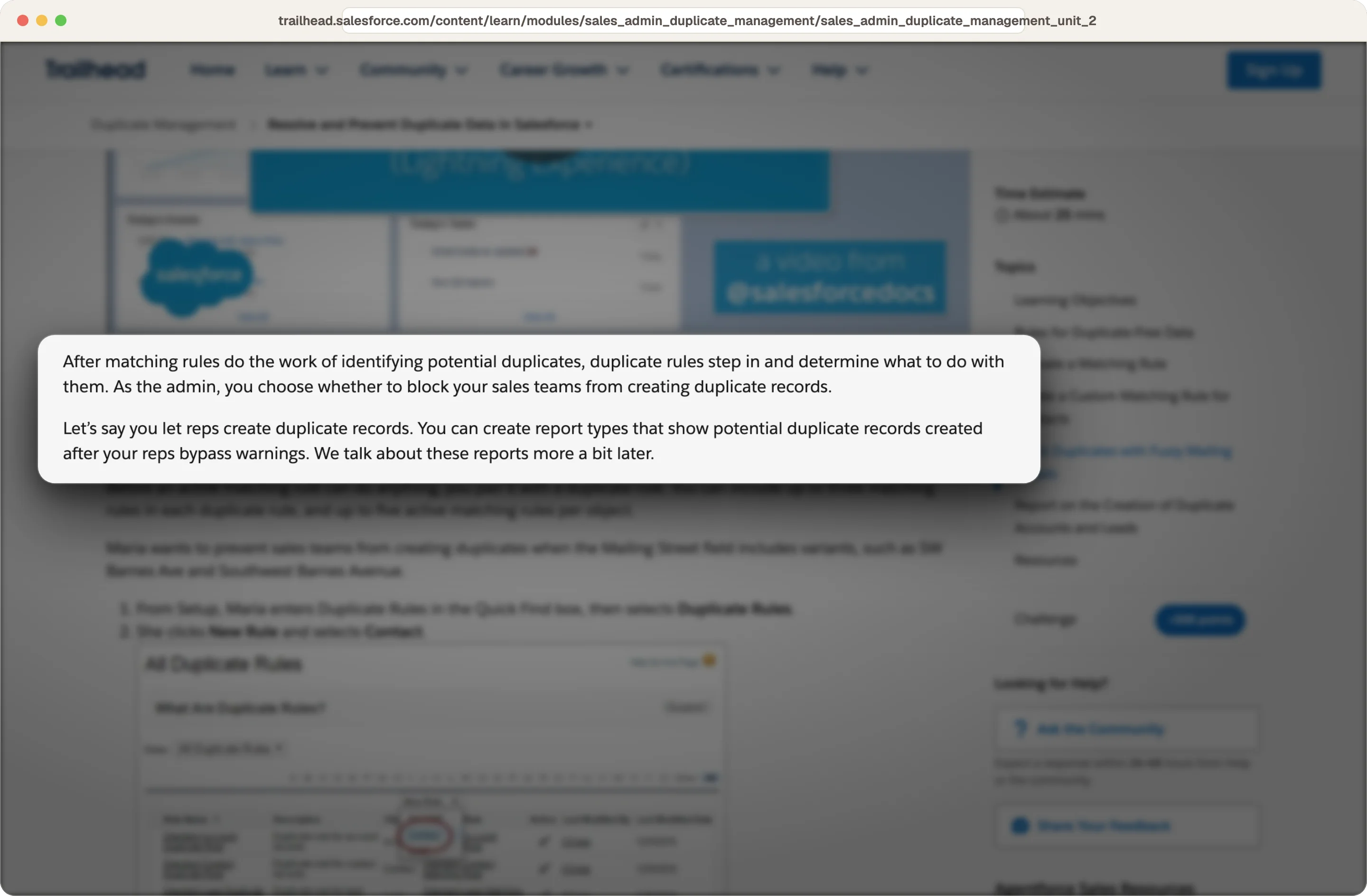 Salesforce Trailhead explaining duplicate rules decide whether to block or report on duplicate records