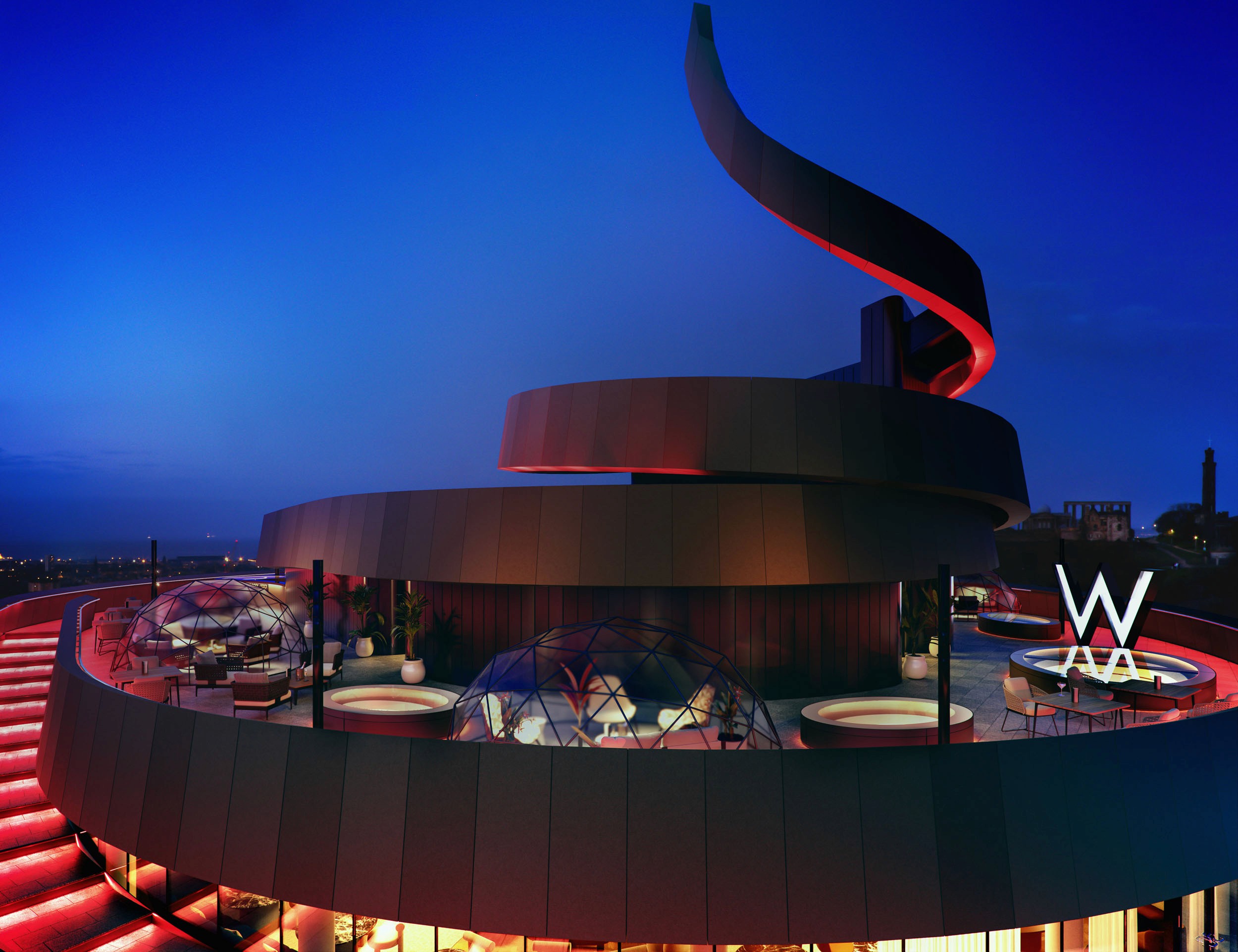 Architectural CGI of a modern rooftop terrace.