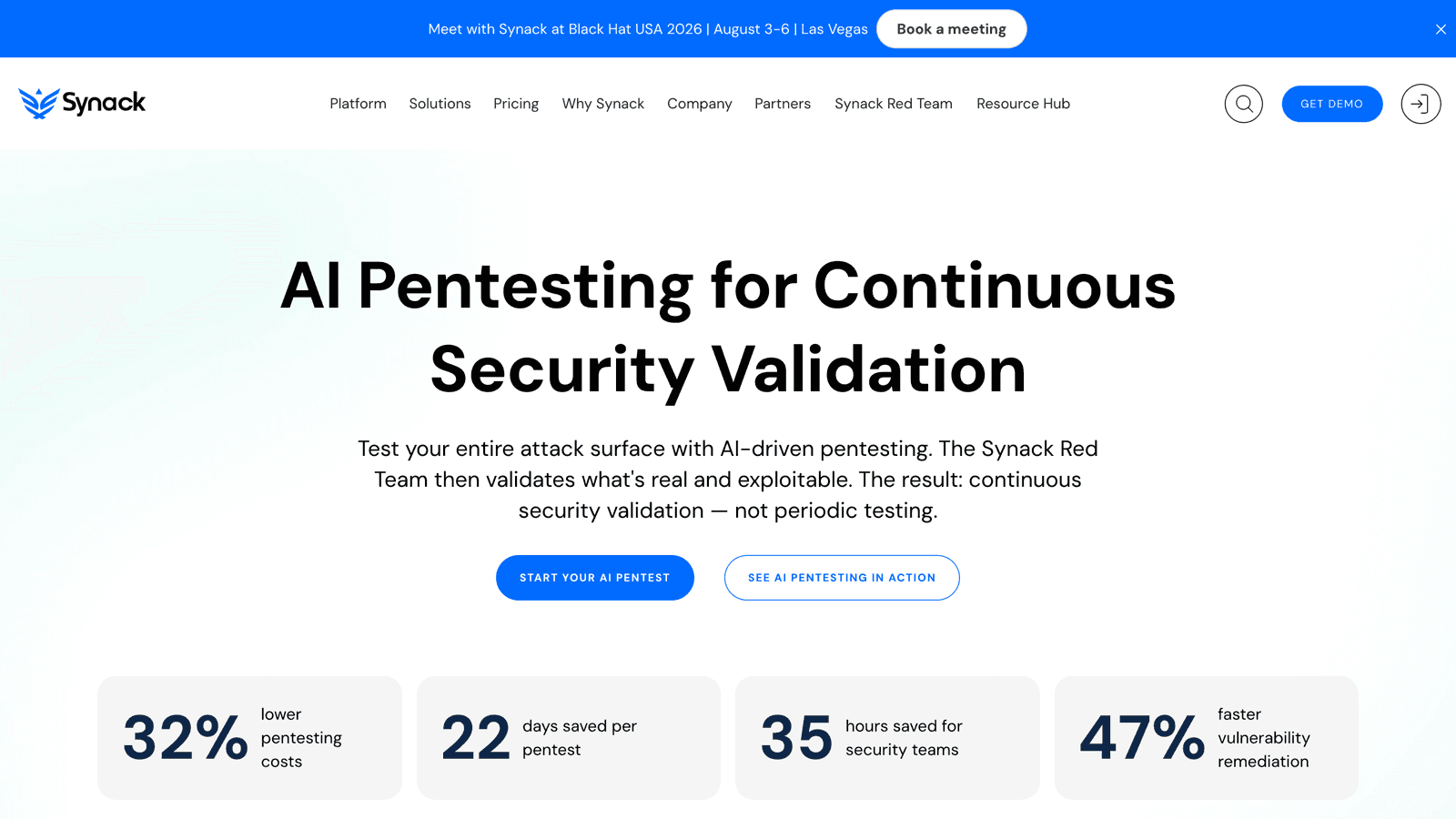 Synack homepage showing the PTaaS platform under the headline AI Pentesting for Continuous Security Validation