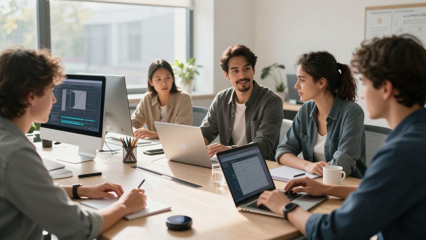 People using accessible technology in a modern office.