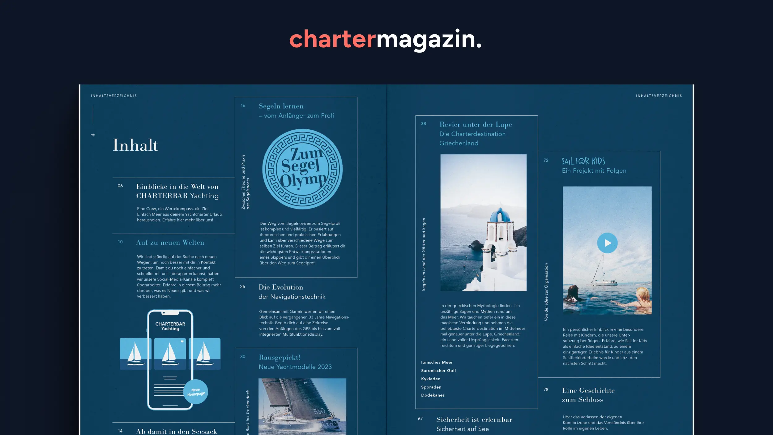 Doppelseite Inhaltsverzeichnis des Magazins chartermagazin. mit Rubriken zu Griechenland, Segel Olymp und Sail for Kids.