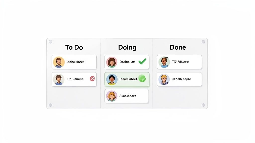 A Kanban board visualizing project tasks in To Do, Doing, and Done columns with team member avatars.