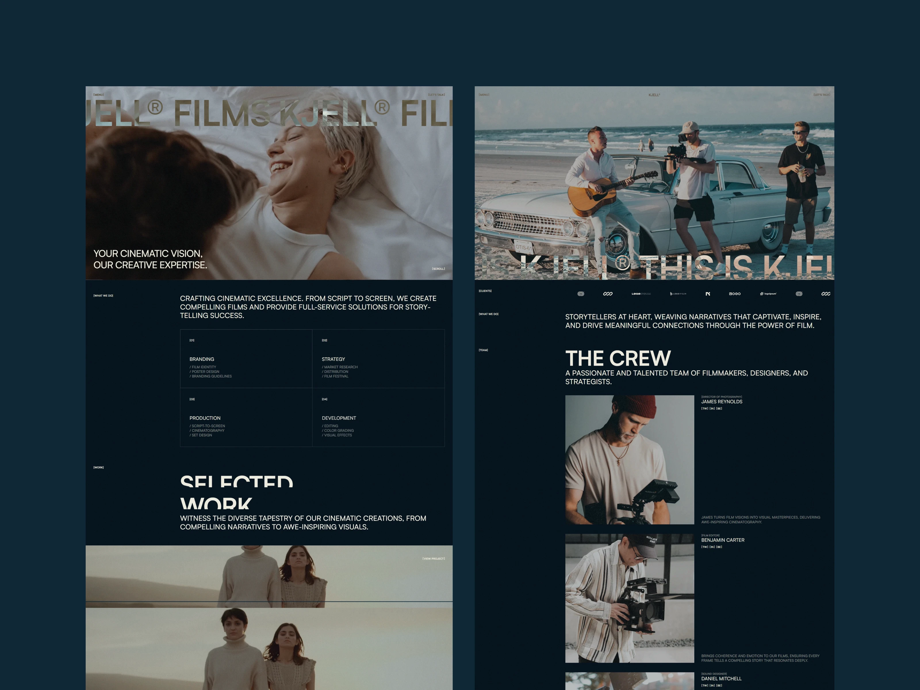 Kjell film portfolio template with dark UI, large typography, and cinematic imagery.