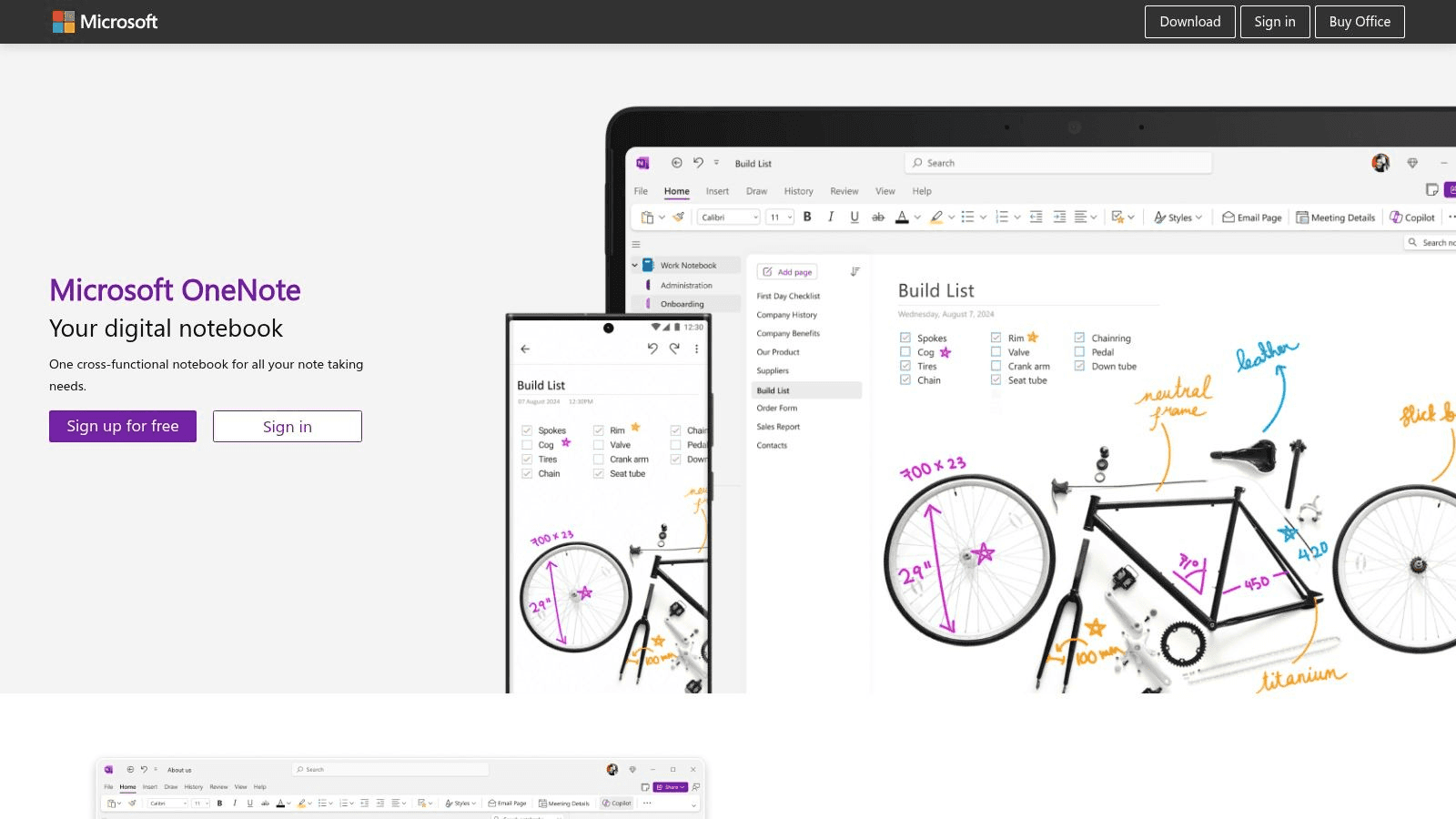 Screenshot of Microsoft OneNote digital notebook note-taking app. 