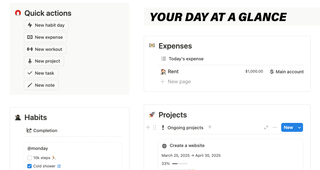 Life Planner daily dashboard - manage tasks, habits, and finances in one centralized Notion view