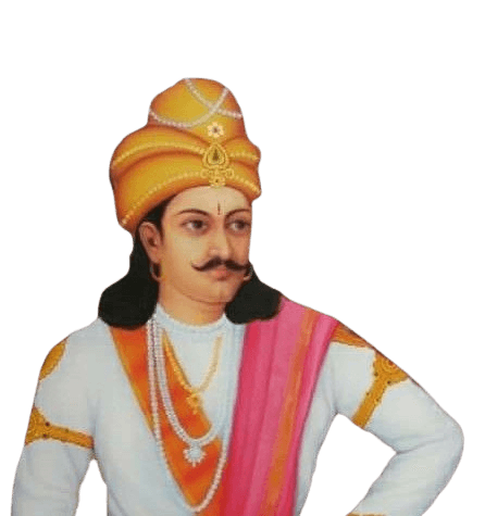 A vibrant illustration of Emperor Ashoka, a renowned ruler of ancient India, dressed in royal attire with a golden turban adorned with jewels and a pink drape over his shoulder. His regal appearance is emphasized by the detailed ornaments and pearls that symbolize his power and status. The image reflects his historical significance as one of India's most influential emperors, known for spreading Buddhism and promoting peace and prosperity during his reign.