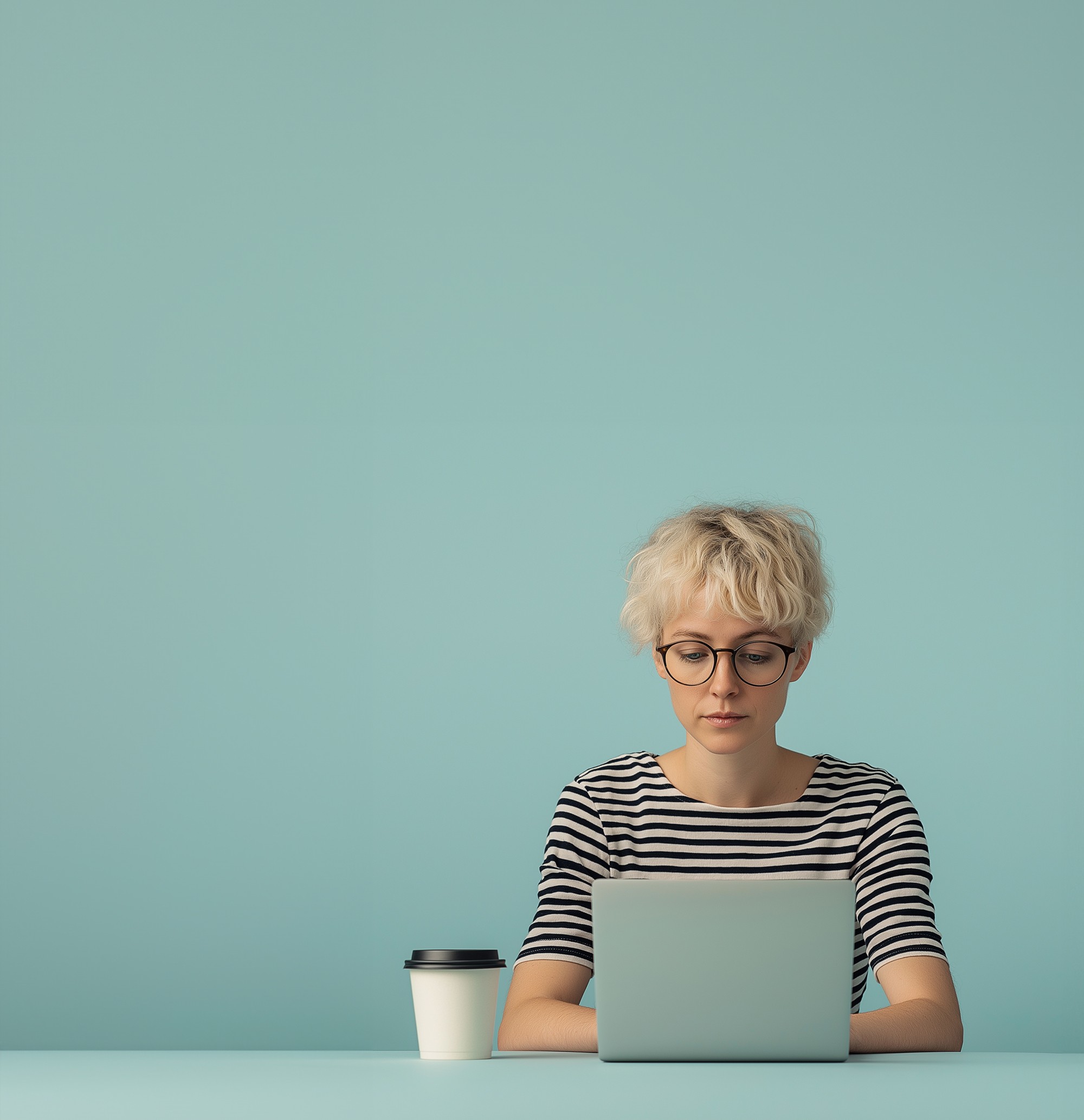 Woman freelancer sitting in front of her laptop in a striped shirt