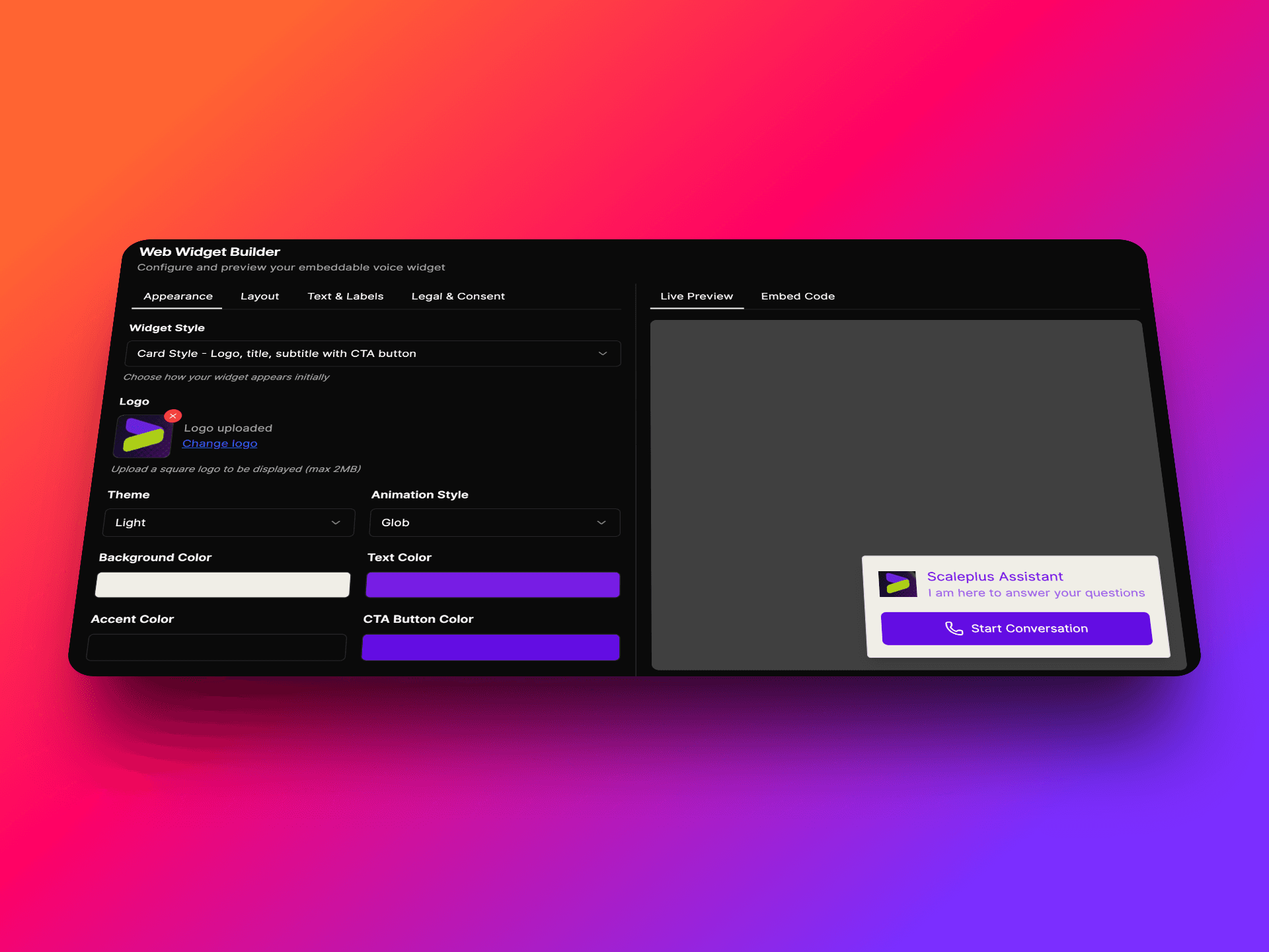 AI voice assistant for website visitors widget builder interface showing customizable embeddable voice widget with card style configuration, logo upload for Scaleplus Assistant, light theme with glob animation, purple CTA button color, and live preview displaying 'I am here to answer your questions' with Start Conversation button on VoiceAIWrapper platform | VoiceAIWrapper