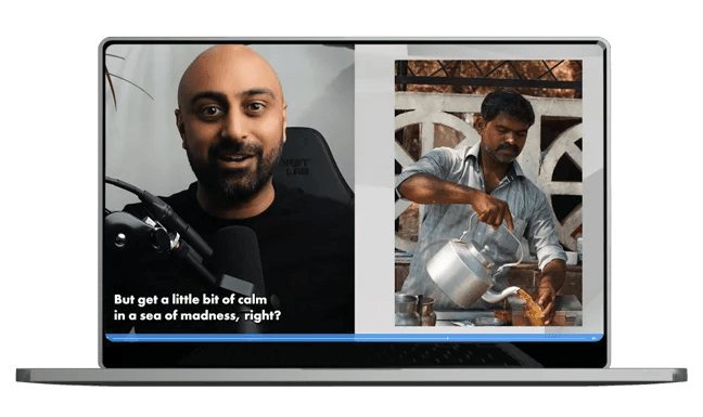 split-screen-on-laptop-man-speaking-into-microphone-on-left-text-displaying-subtitles-man-pouring-tea-from-kettle-on-right-outdoor-background