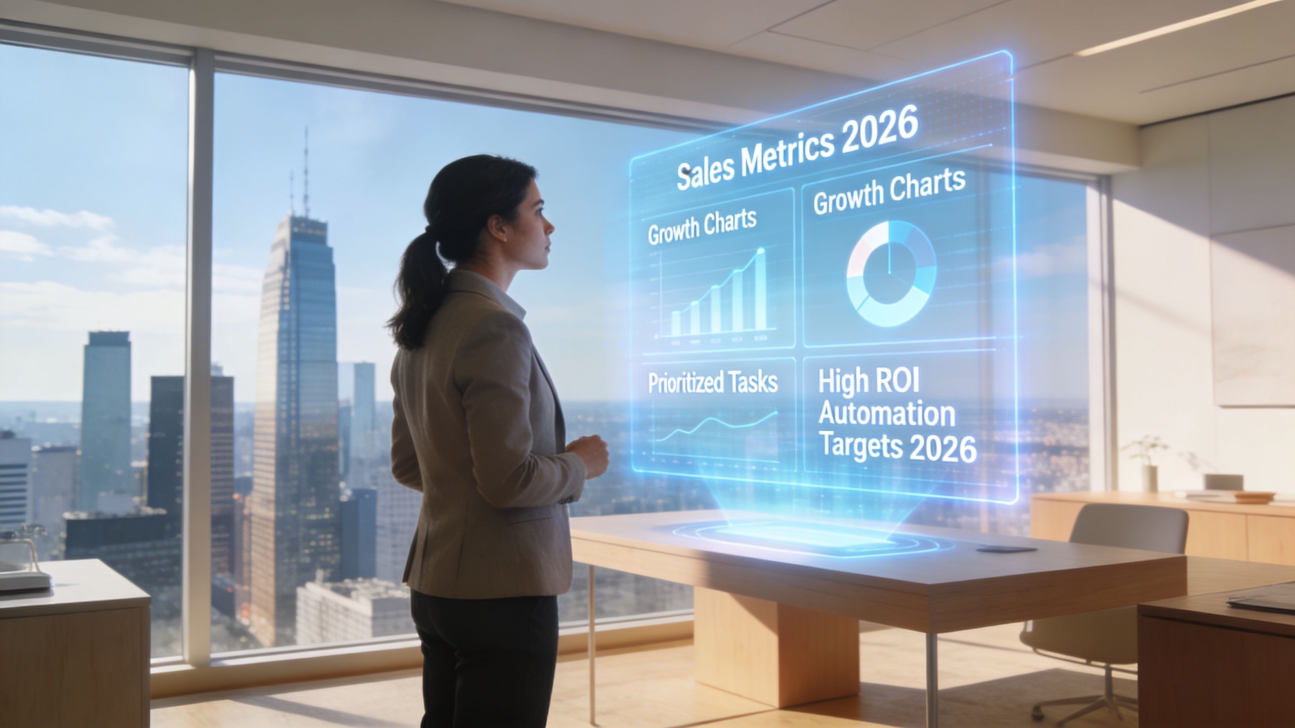 A professional woman observes a digital holographic display showcasing sales metrics and growth charts in an office.