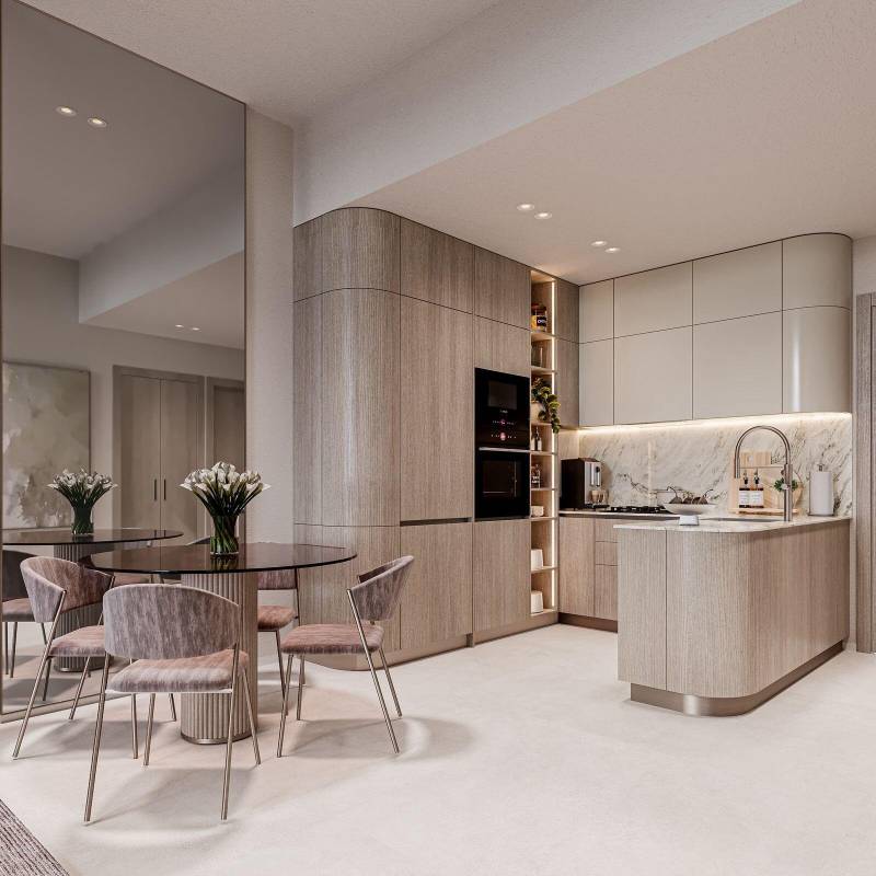 Contemporary kitchen and dining space in a luxury apartment, showcasing elegant design by Cybele by Wadan.