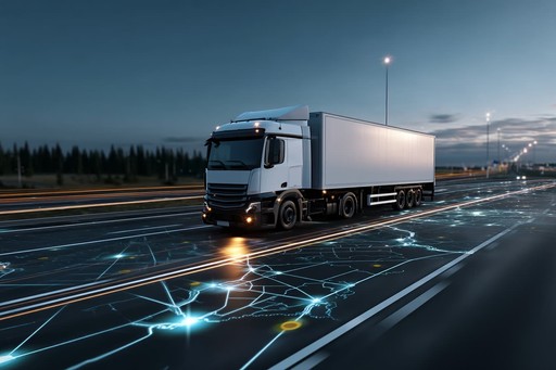 A roadway at night with digital overlays, representing transportation and logistics systems.
