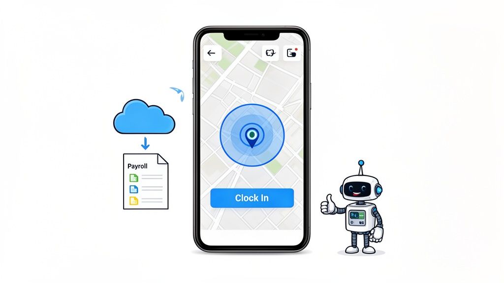 A smartphone app for a time clock system with location tracking, data flowing to payroll, and a happy robot.