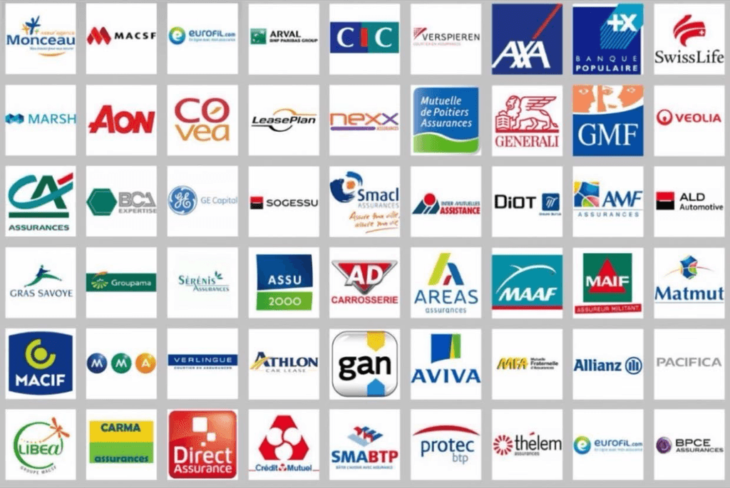 Logos des compagnies d’assurances partenaires acceptées chez Garage de Berriat à Grenoble – réparation carrosserie, sinistre, pare-brise, devis assurance.