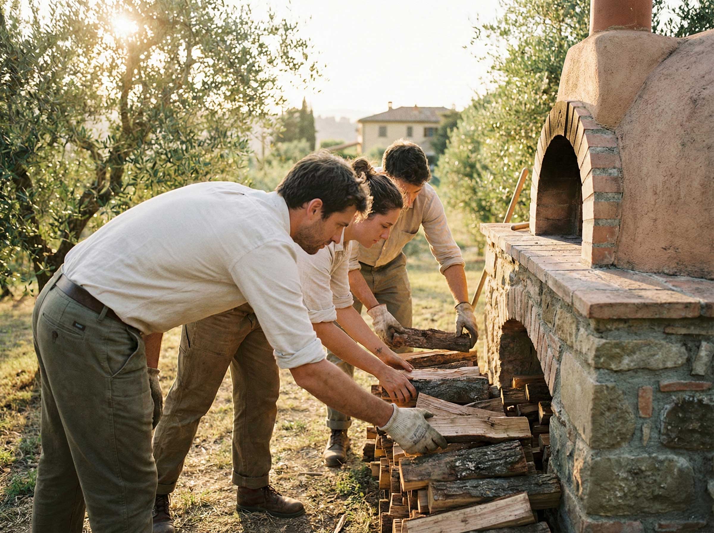 Three people in casual outdoor attire stack firewood into a rustic stone oven amidst an olive grove, with a sunlit house in the background, capturing an authentic rural lifestyle scene.