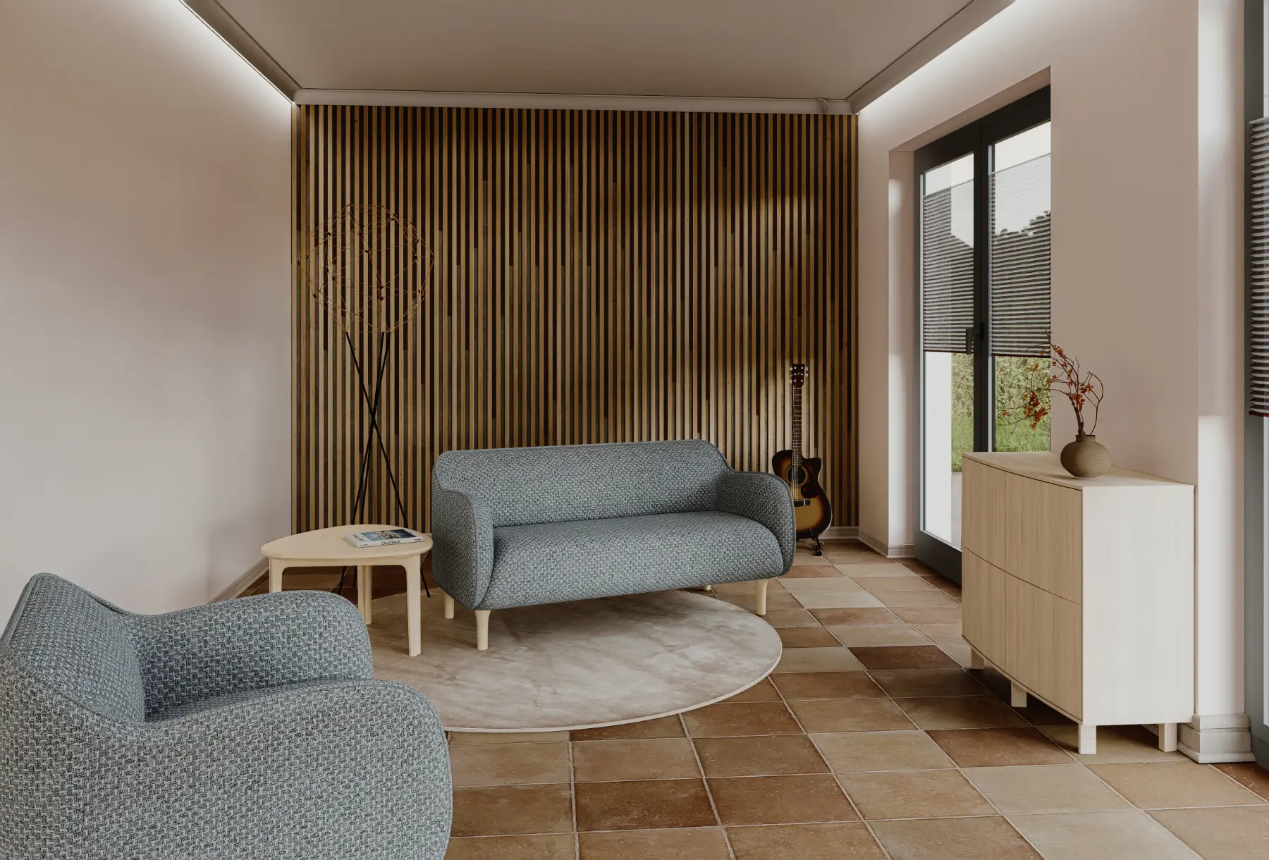 modernes Wohnzimmer mit zwei grauen Sesseln, Holzlamellenwand und ruhiger Materialität