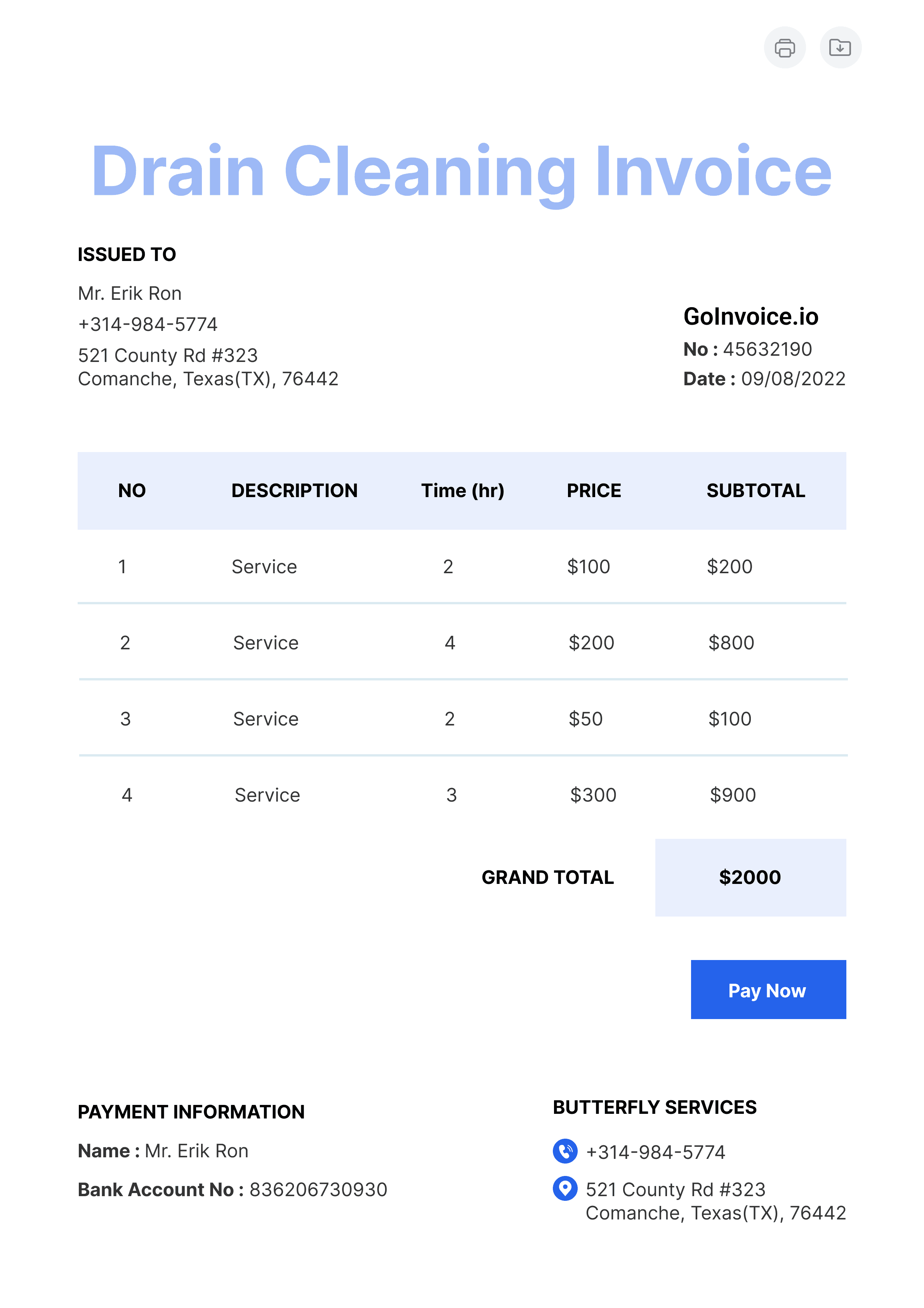 Drain Cleaning Invoice