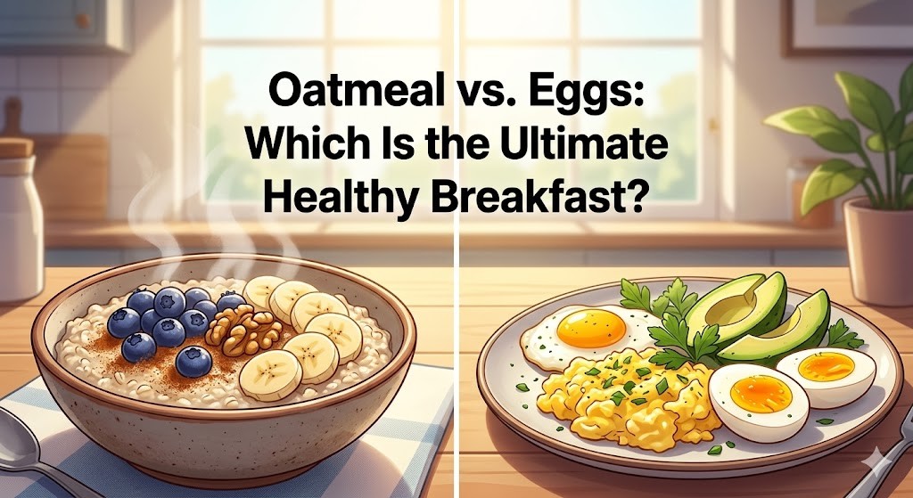 A split-screen comparison of two healthy breakfasts. On the left is a rustic bowl of steaming oatmeal topped with blueberries, walnuts, and banana slices. On the right is a plate with scrambled eggs, soft-boiled eggs, avocado slices, and herbs. Sunlight streams from a kitchen window behind them. Text above reads "Oatmeal vs. Eggs: Which Is the Ultimate Healthy Breakfast?" in a high-end cartoon animation style.