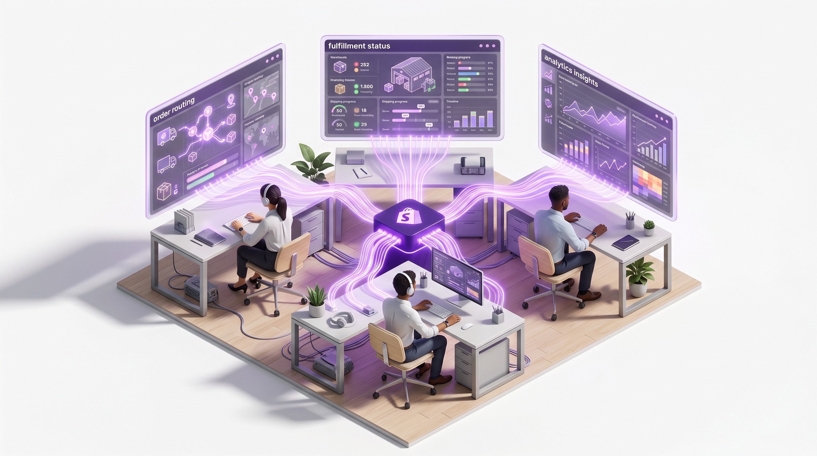 Shopify Plus order management operations team confidently monitoring multi-channel fulfillment dashboards