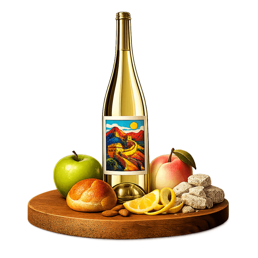 Artistic label and flavor profile for Chinese Sparkling Wine on a rustic wooden table.