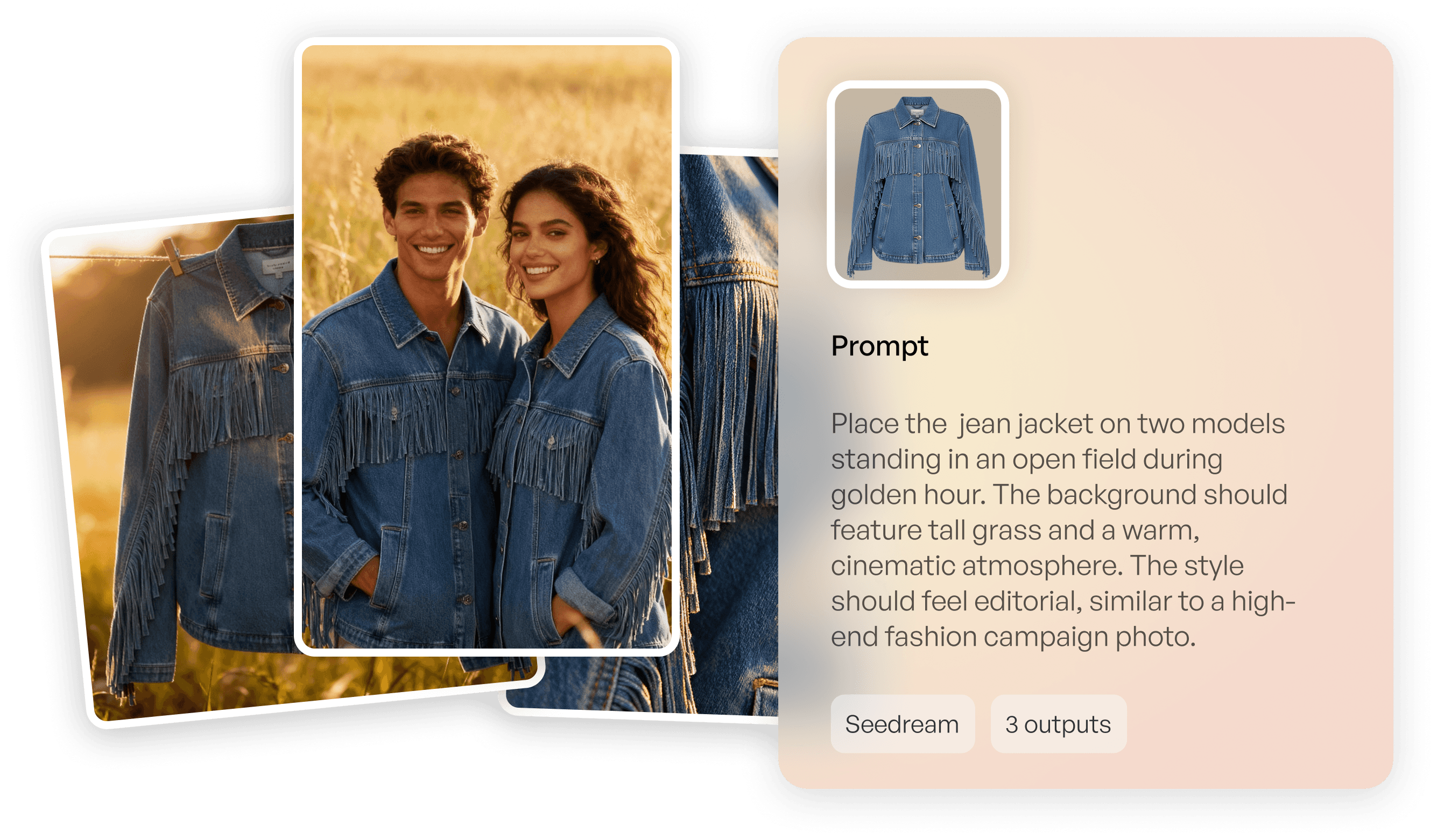 "Prompt" card for a denim campaign featuring models in fringed jackets and a request for a "golden hour" field setting.