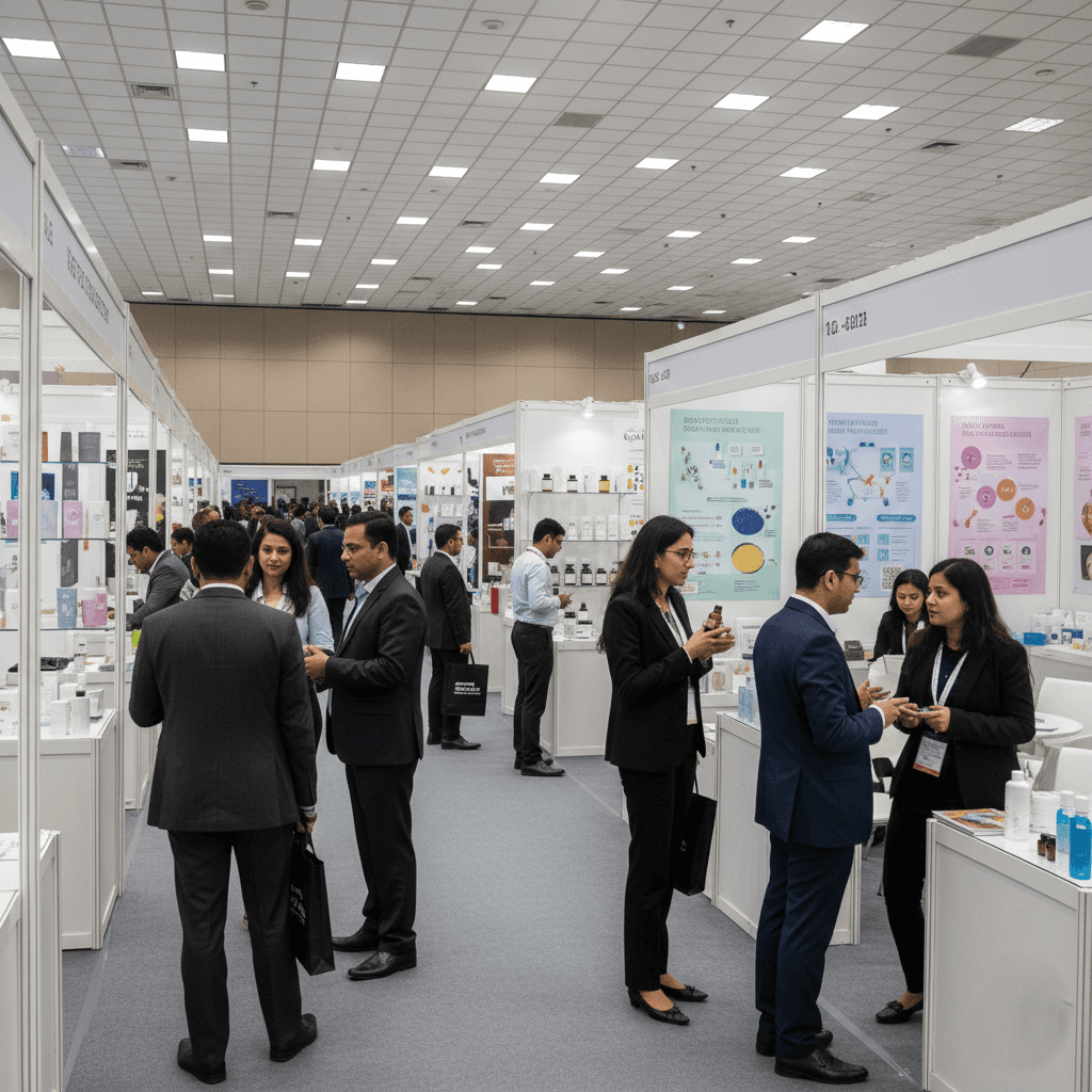 Cosmetics and home care ingredients exhibitors showcasing raw materials and formulations to brand owners at CHCI 2026 trade show in Delhi