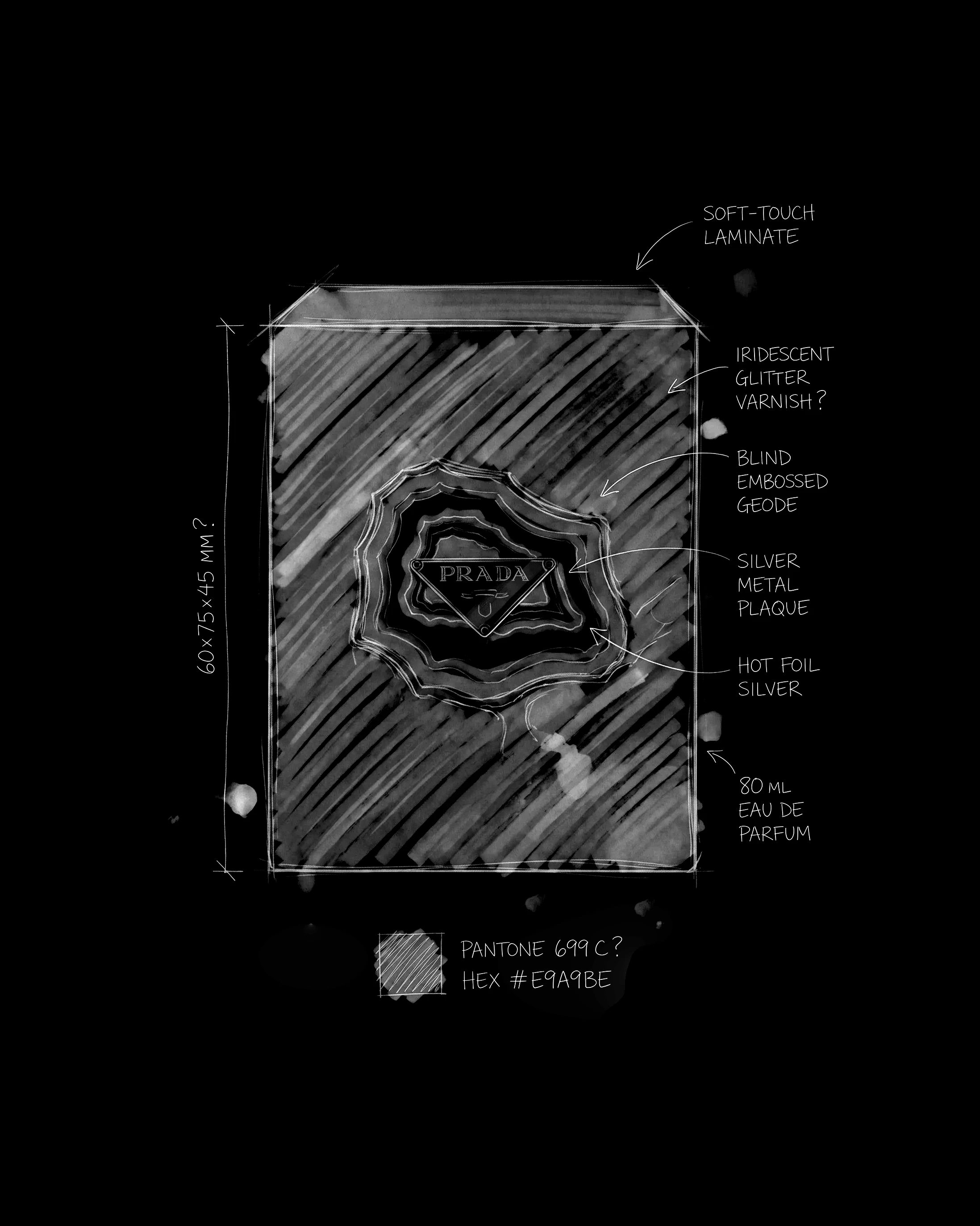 Technical sketch of the box in white lines on black, with notes on soft-touch laminate, iridescent glitter varnish, blind-embossed geode, silver metal plaque, hot foil and 80 ml eau de parfum