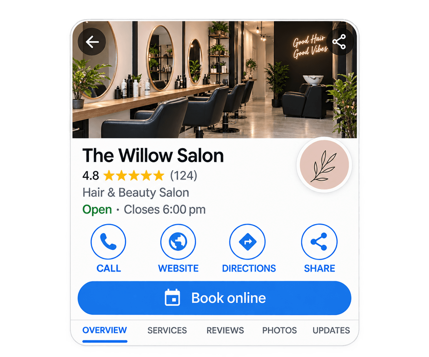 Google business profile with a Book online button