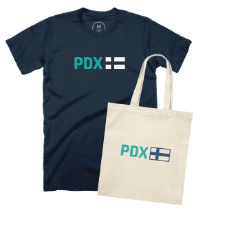 Product image of the PDX Finn shirt and tote bag